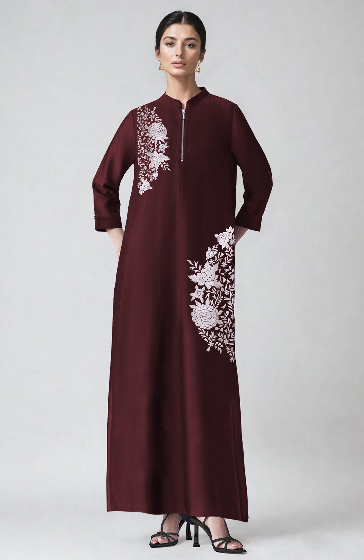 Wine-colored kaftan with ivory Parsi Gara embroidery and a band collar with zip placket