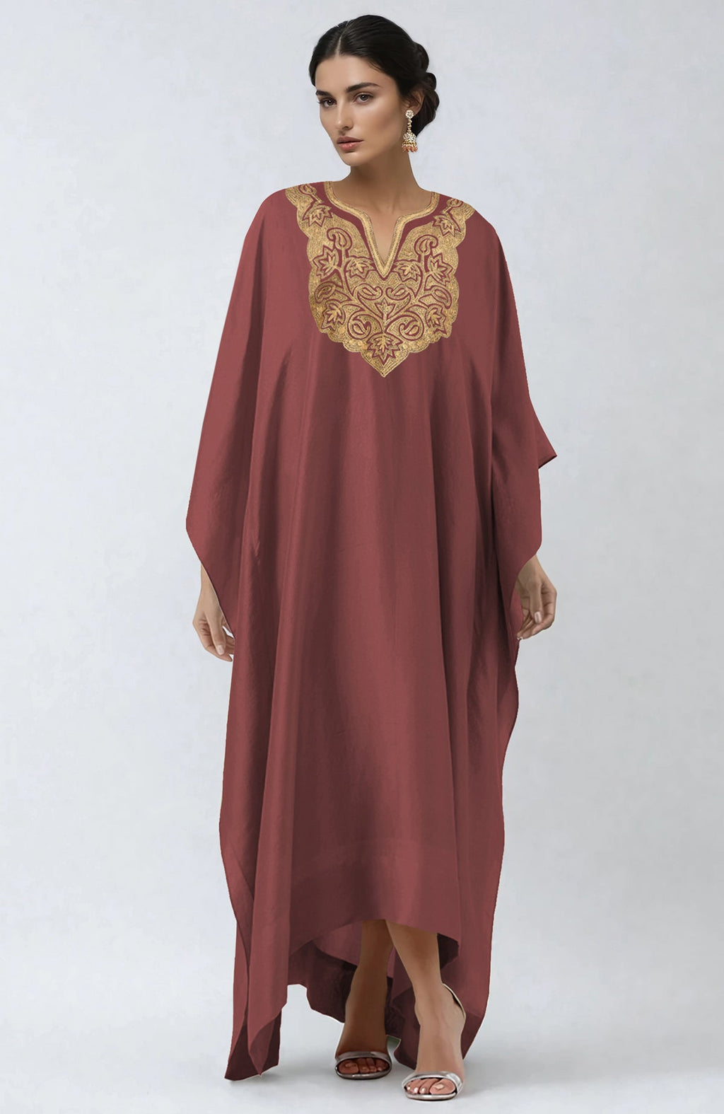 Chutney kaftan with intricate Kashmiri gold Tilla embroidery on placket and cuffs.