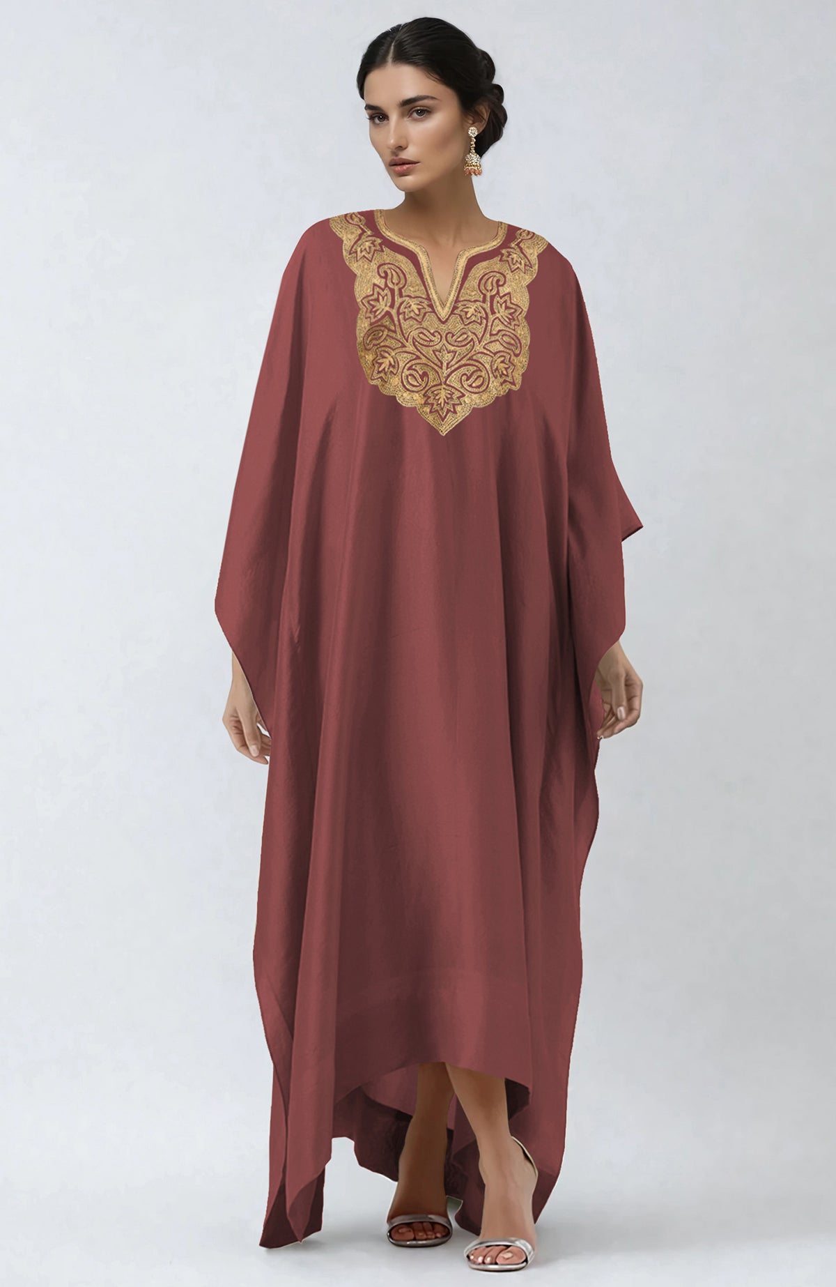 Chutney kaftan with intricate Kashmiri gold Tilla embroidery on placket and cuffs.