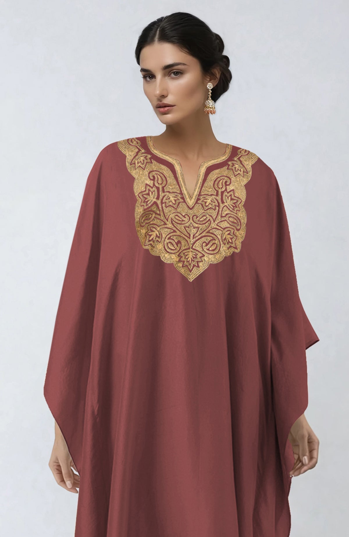Chutney kaftan with intricate Kashmiri gold Tilla embroidery on placket and cuffs