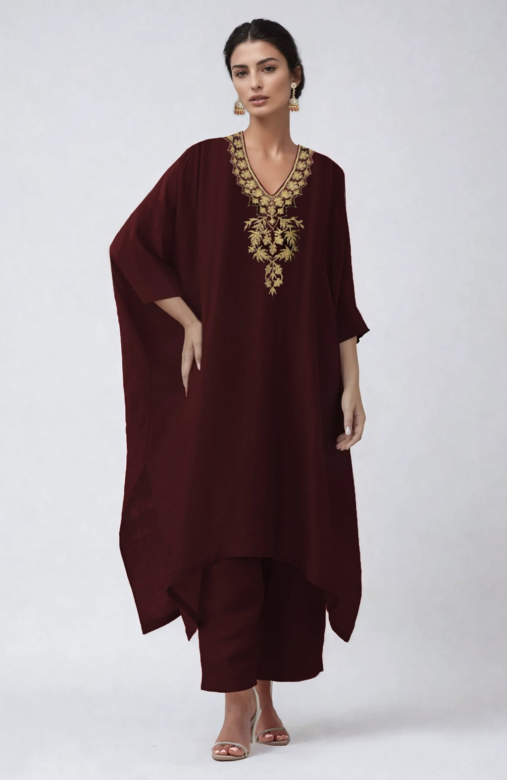 Wine-colored kaftan set with intricate Kashmiri Tilla Aari embroidery on V neckline