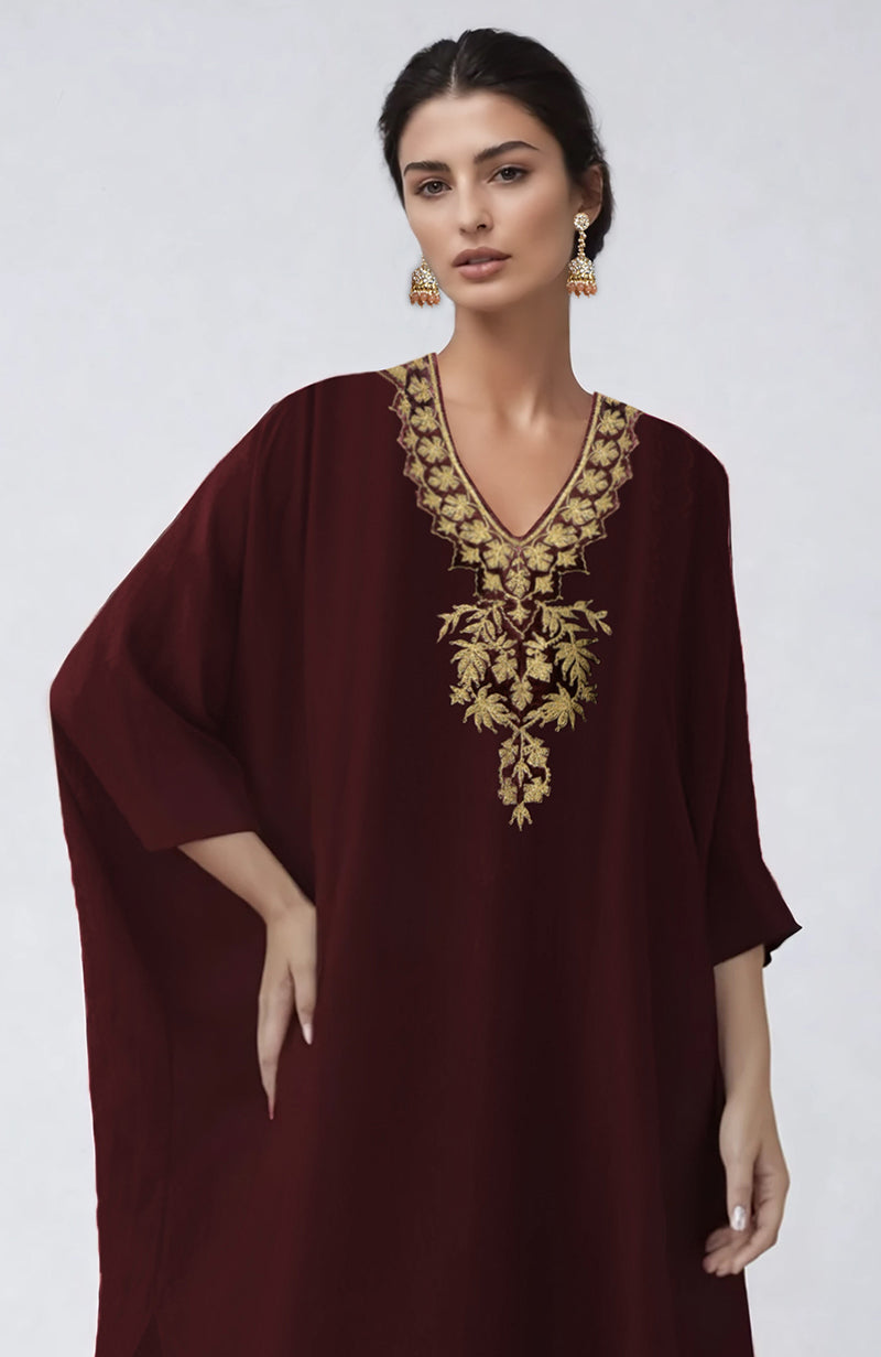 Wine-colored kaftan set with intricate Kashmiri Tilla Aari embroidery on V neckline