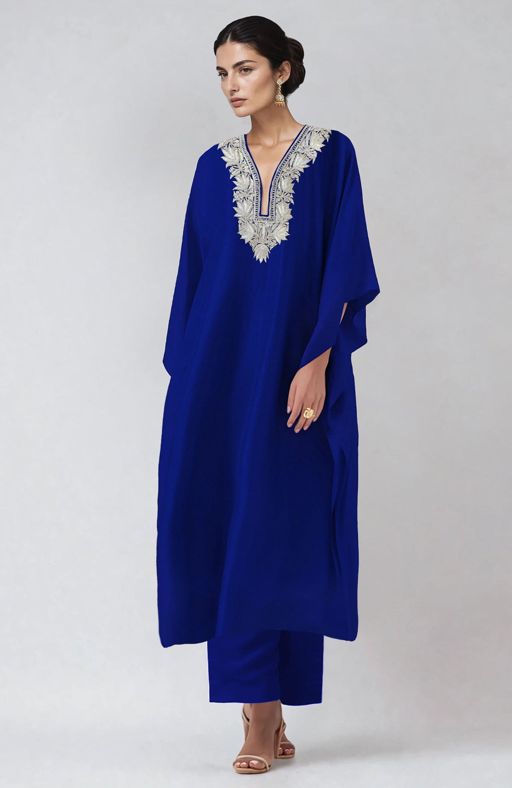 Royal blue kaftan set with intricate Kashmiri silver tilla embroidery and straight pants.