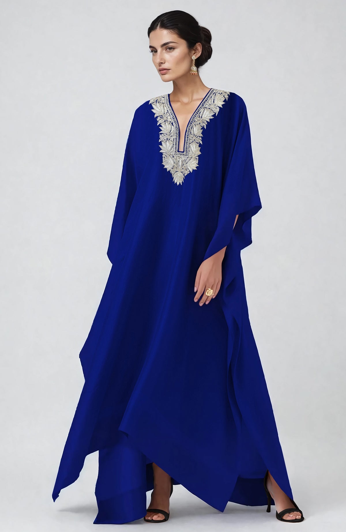 Royal blue kaftan with intricate silver Kashmiri tilla embroidery on the front neckline