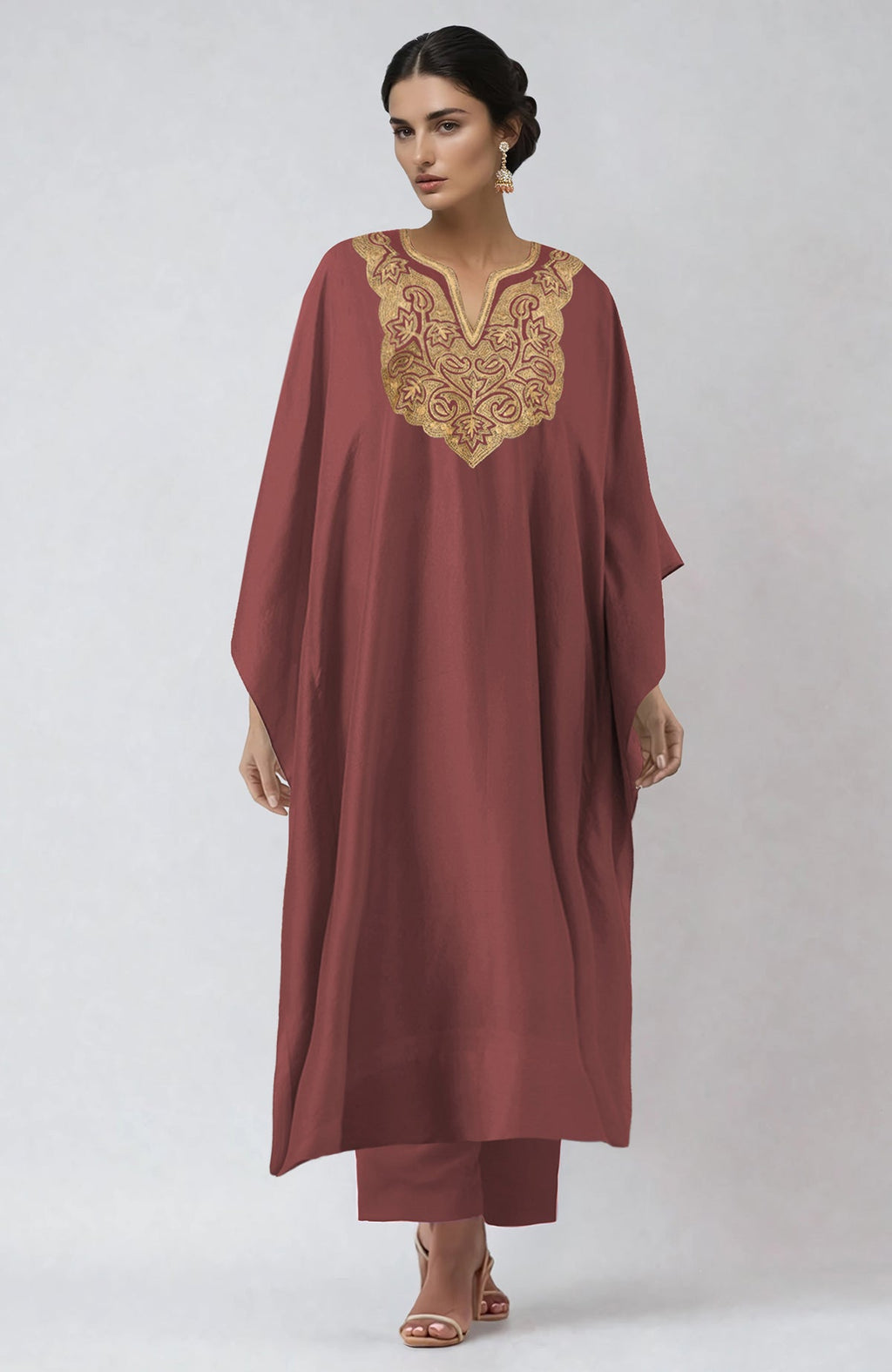 Chutney kaftan set with Kashmiri gold Tilla embroidery on placket and cuffs, paired with straight pants
