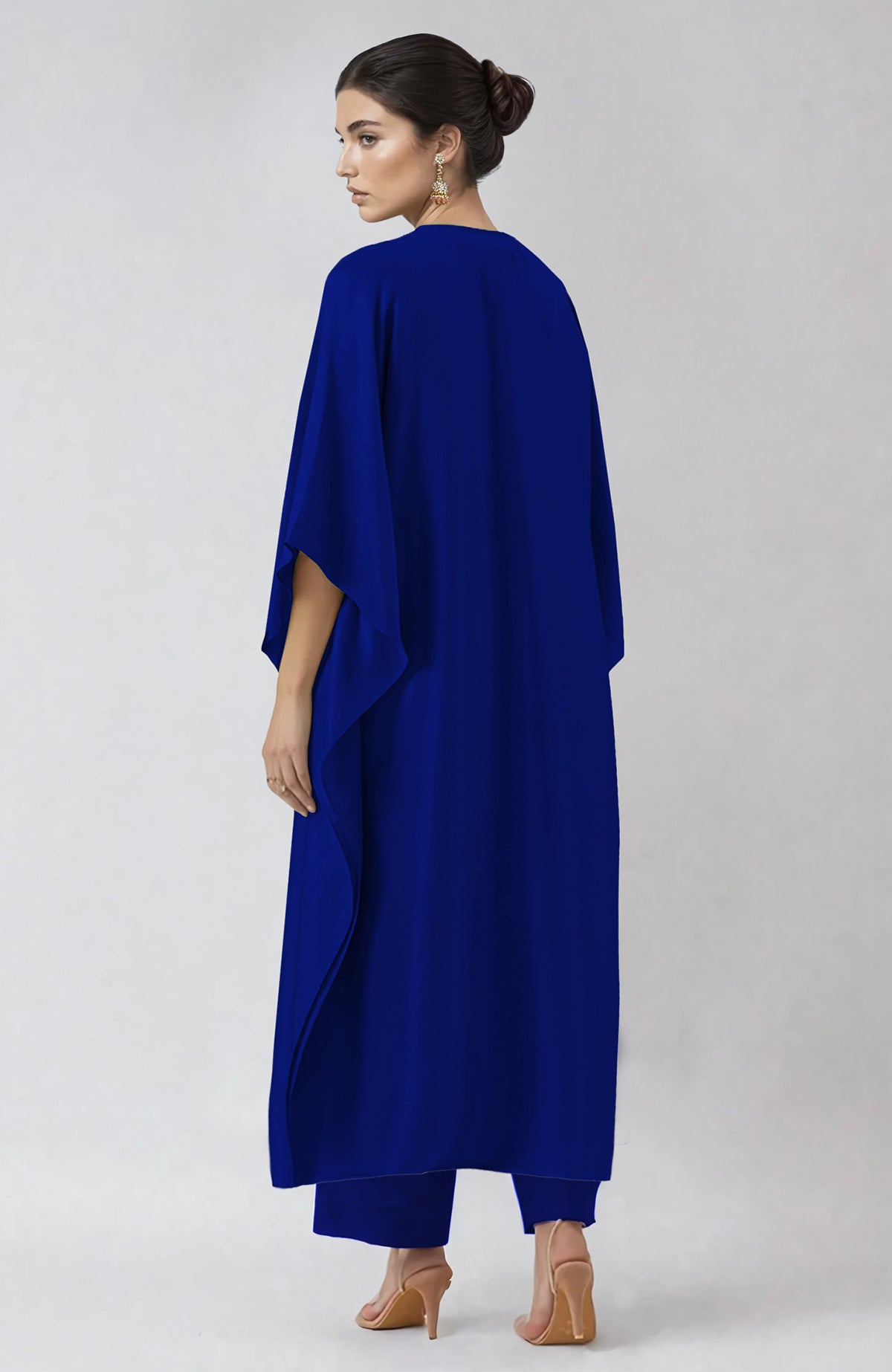 Royal blue kaftan with intricate Kashmiri silver tilla embroidery and matching straight pants.