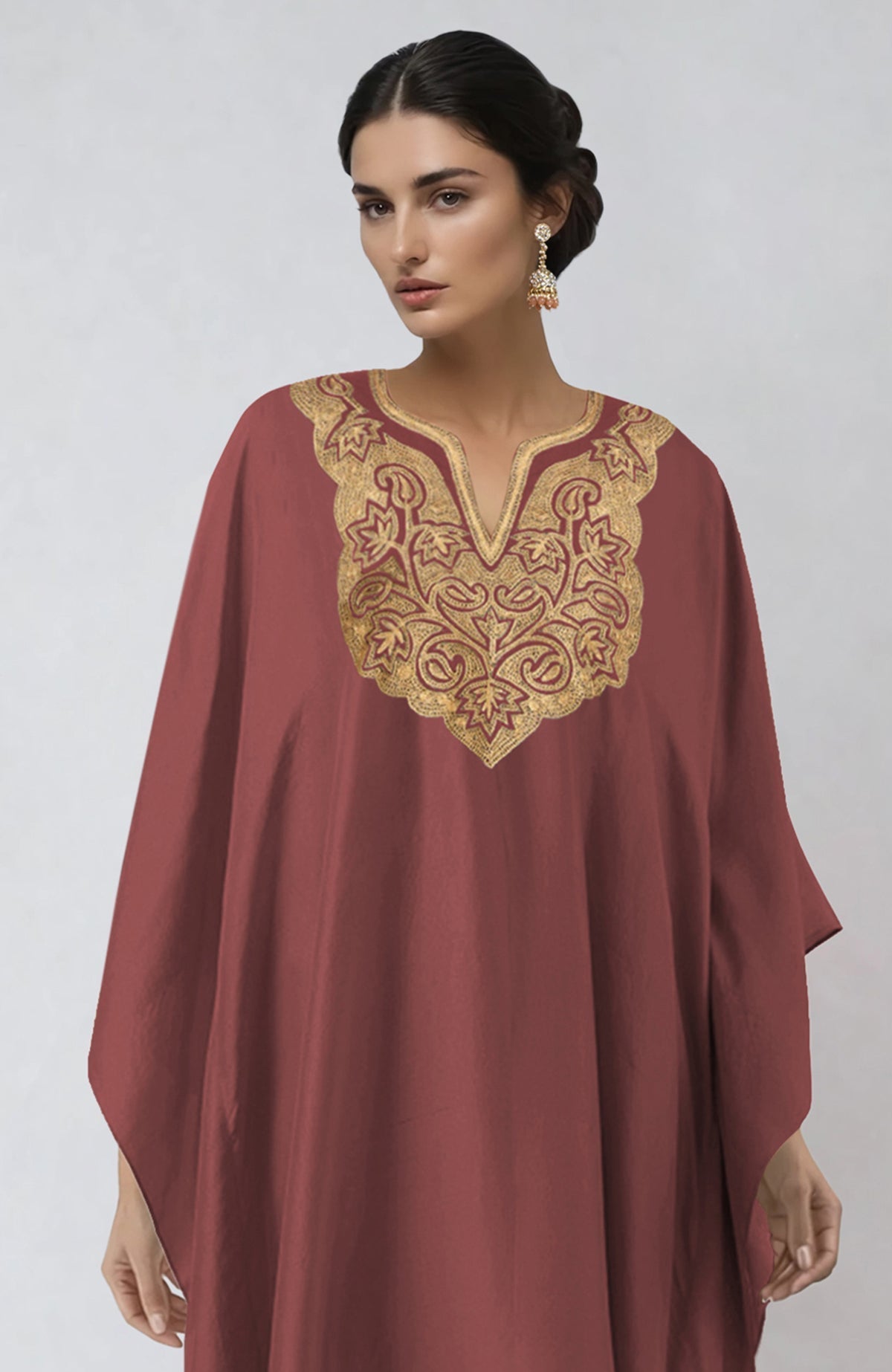 Chutney kaftan set with Kashmiri gold Tilla embroidery on placket and cuffs, paired with straight pants
