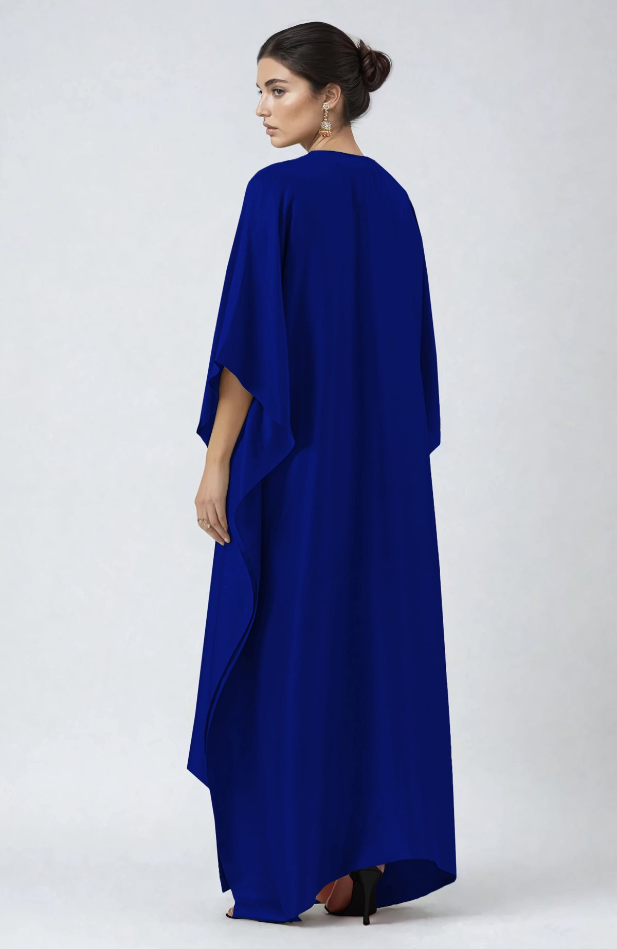 Royal blue kaftan with intricate silver Kashmiri tilla embroidery on the front neckline