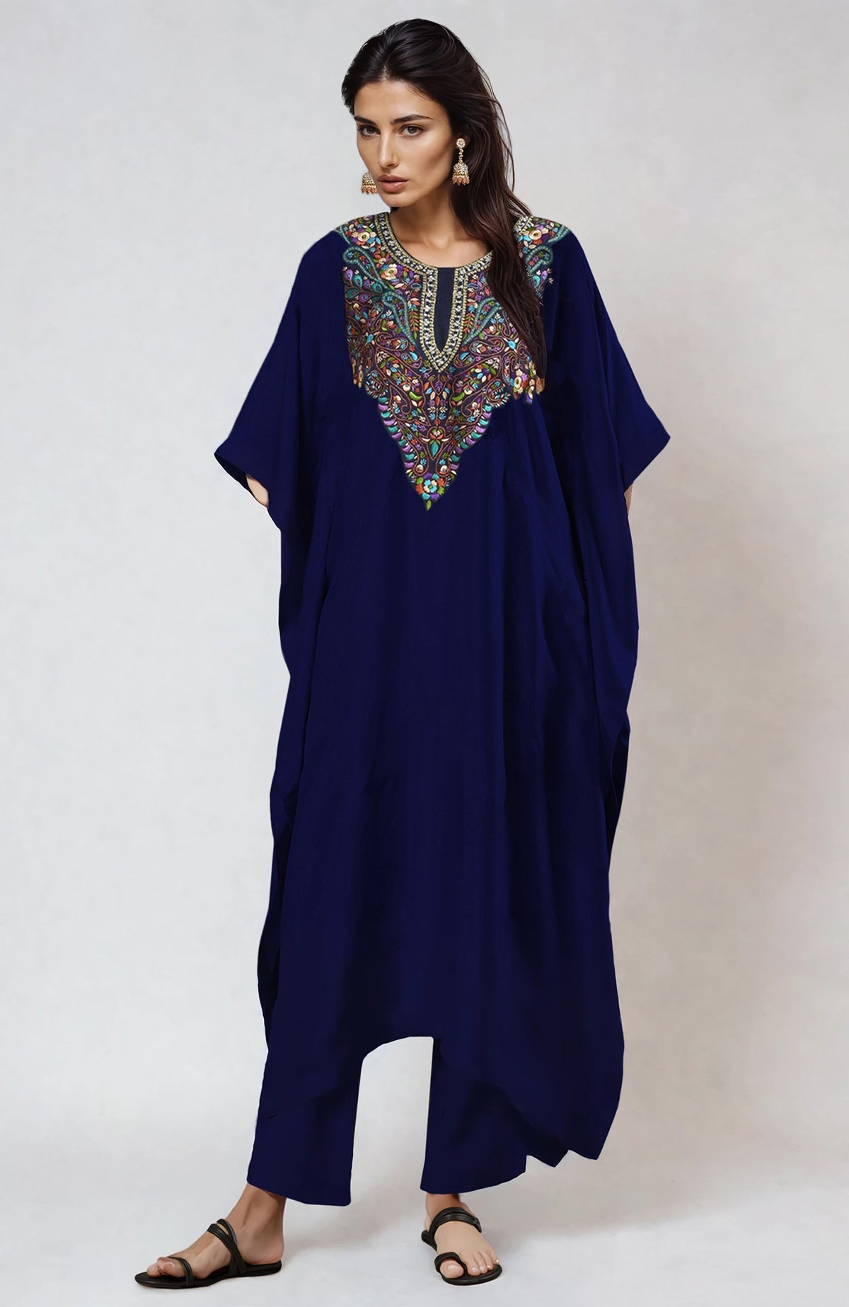 Midnight blue kaftan with floral Resham-Papier Mache-Tilla embroidery on neckline set