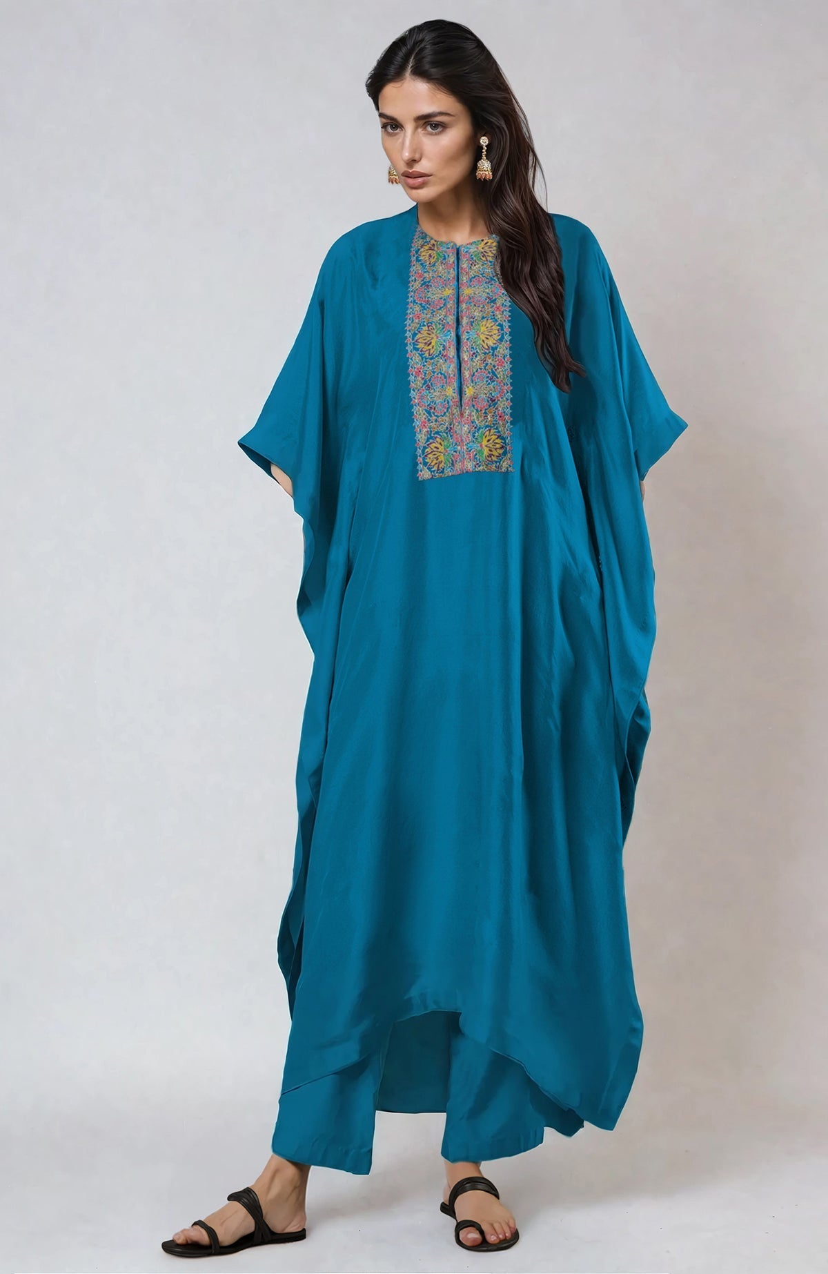 Seaport blue kaftan set with round neckline and intricate Kashmiri kashidakari embroidery on front