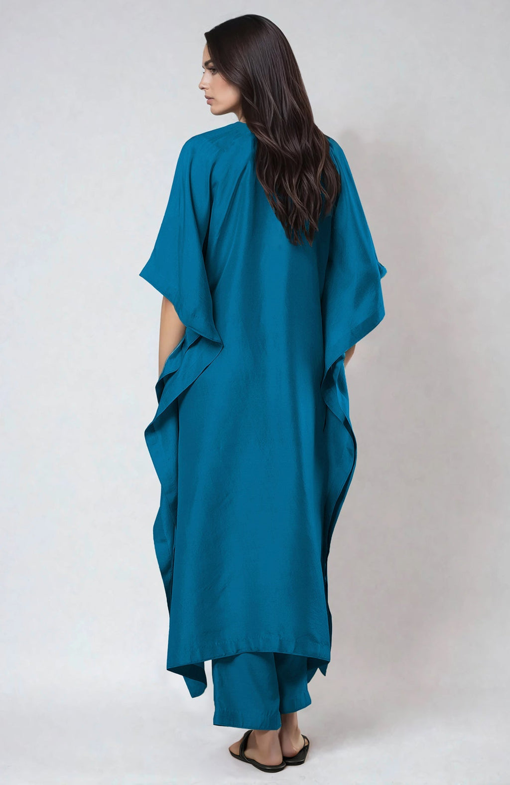 Seaport blue kaftan set with intricate Kashmiri kashidakari embroidery on front neckline