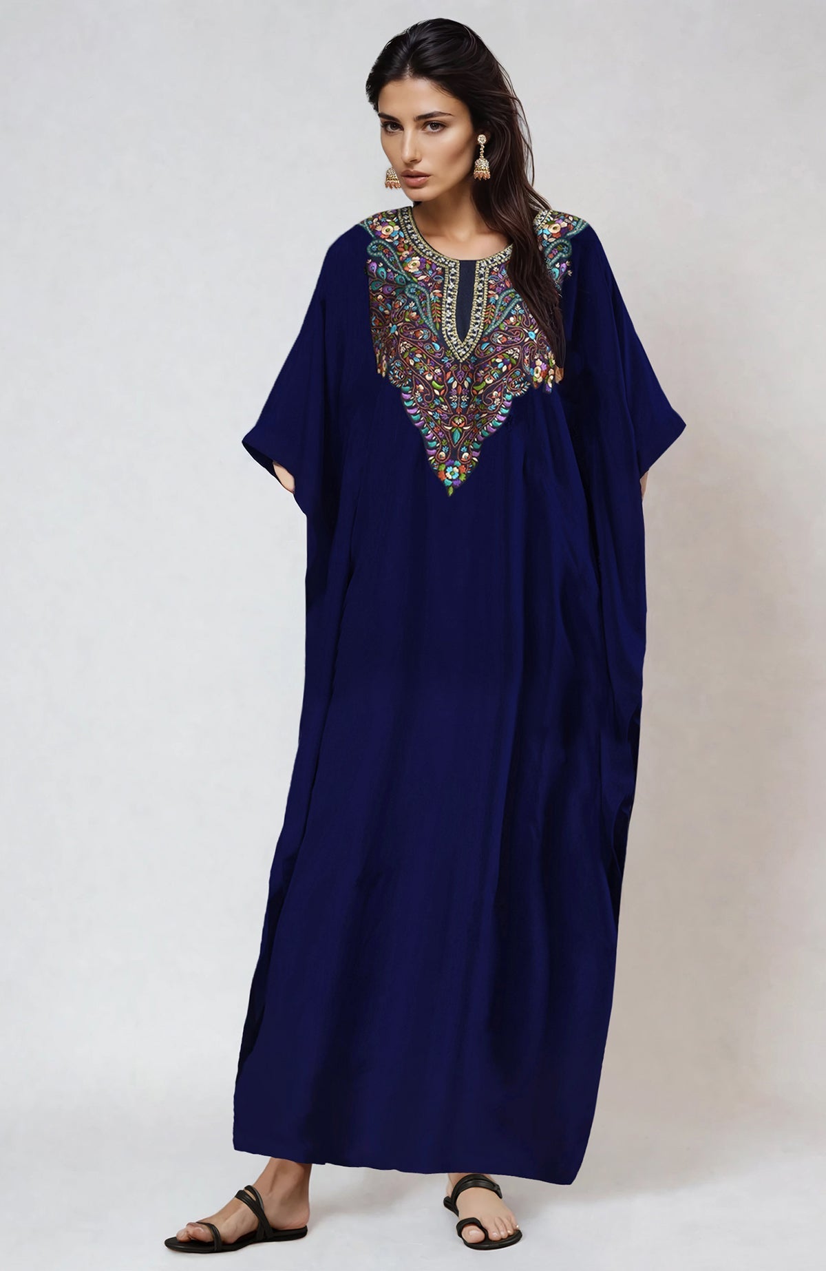 Midnight blue kaftan with floral Resham, Papier Mache, and Tilla embroidery on neckline