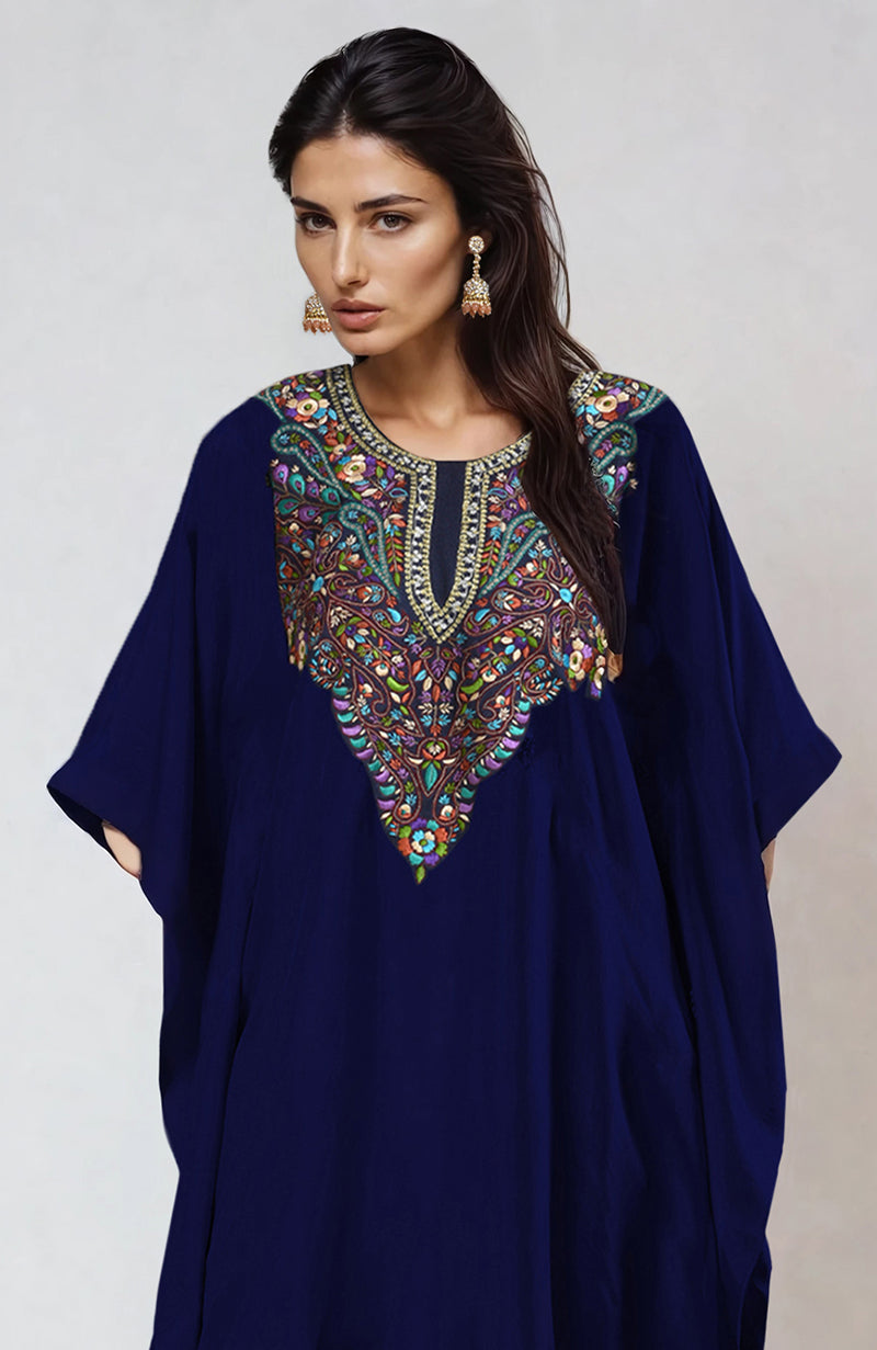 Midnight blue kaftan with intricate floral Resham, Papier Mache, and Tilla embroidery on neckline
