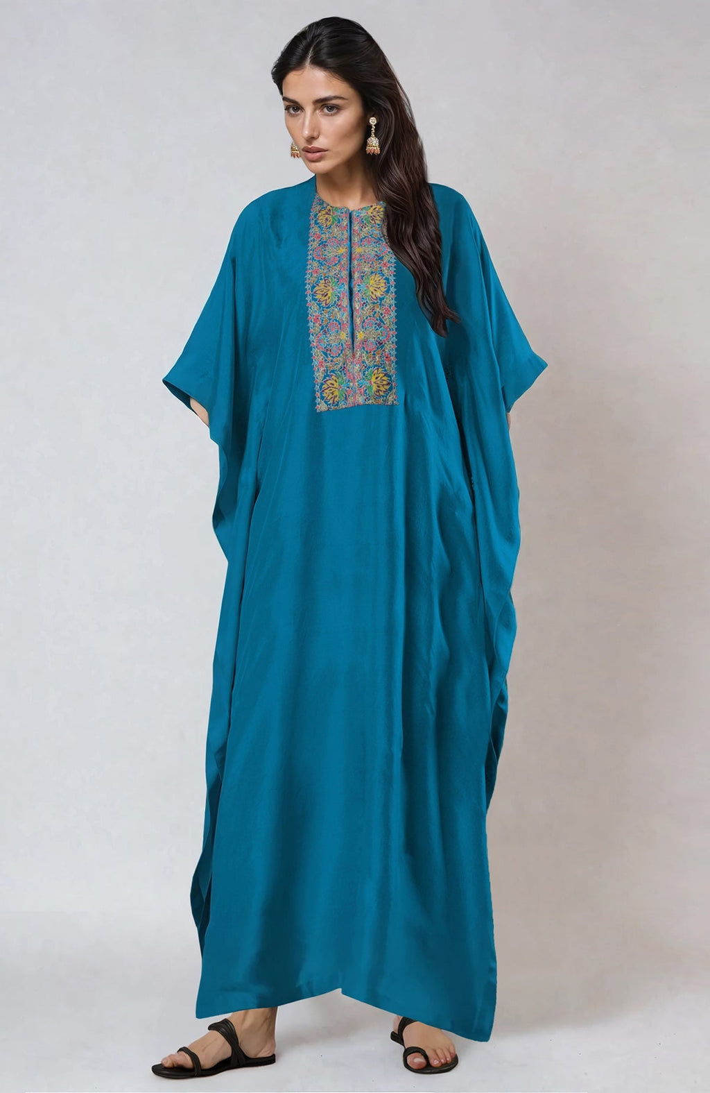 Seaport blue kaftan with round neckline and intricate Kashmiri kashidakari embroidery on front panel