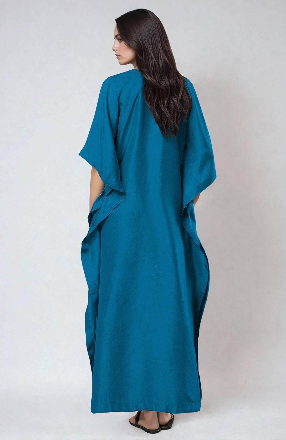 Seaport blue kaftan with round neckline and intricate Kashmiri kashidakari embroidery on front.