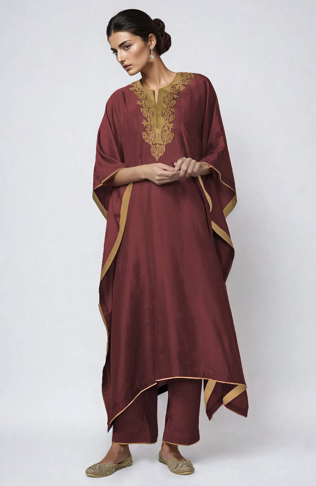 Chutney kaftan set with Kashmiri gold Tilla embroidery on placket and cuffs, paired with straight pants