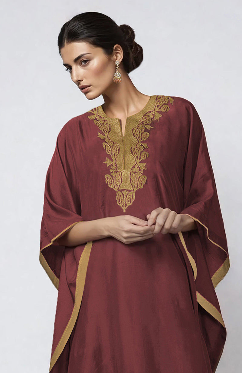 Chutney-colored kaftan with Kashmiri gold Tilla embroidery on placket and cuffs, paired with straight pants