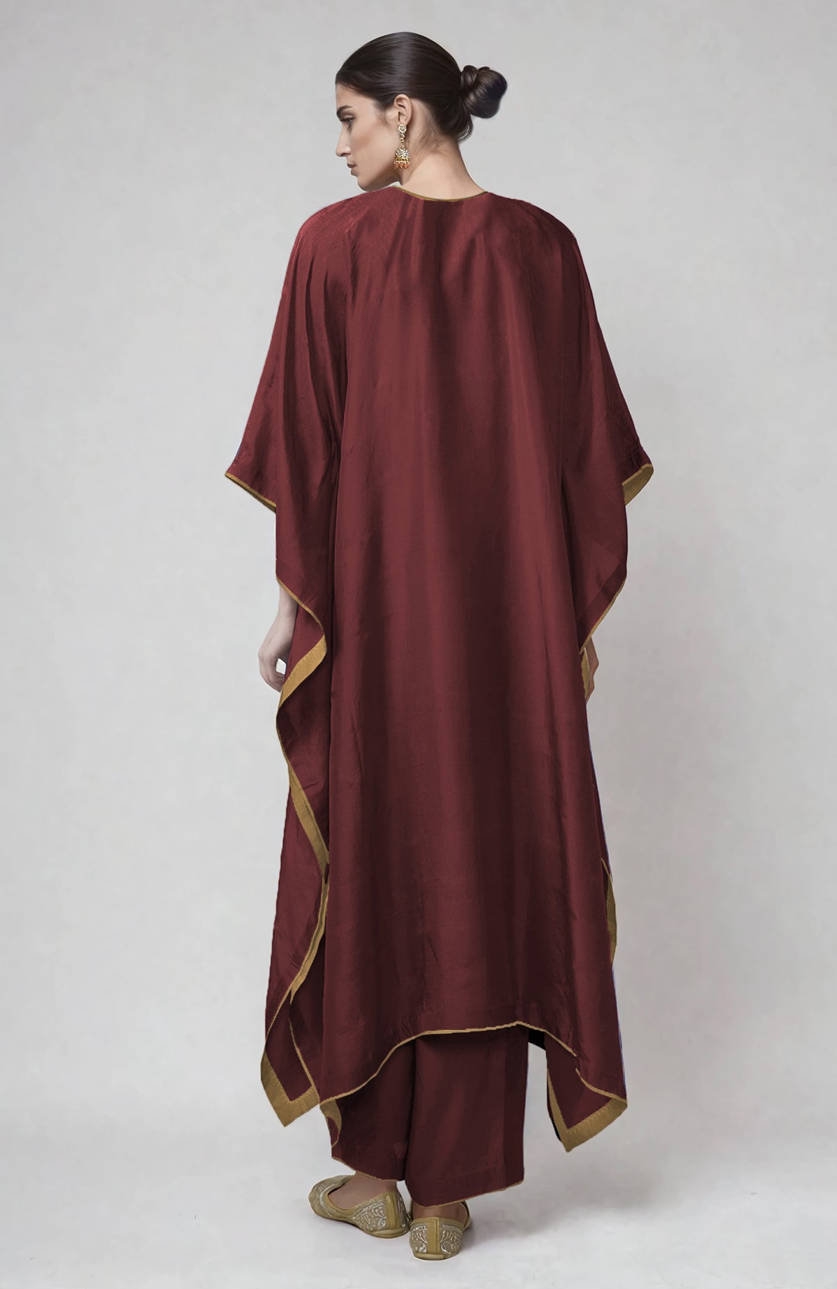 Chutney kaftan set with Kashmiri gold Tilla embroidery on placket and cuffs, paired with straight pants