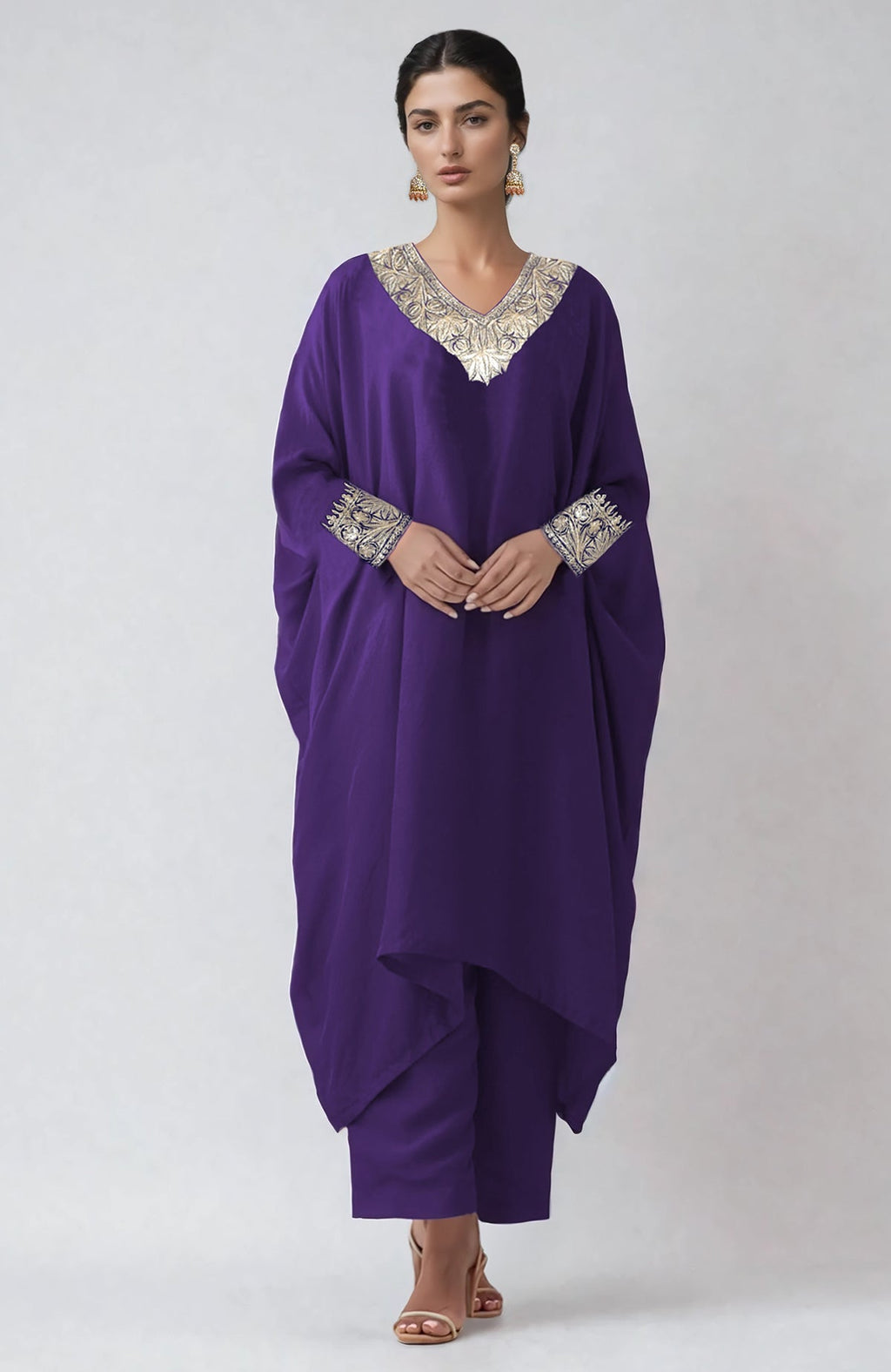 Heliotrope kaftan set with silver Kashmiri Tilla embroidery on placket and cuffs, paired with straight pants