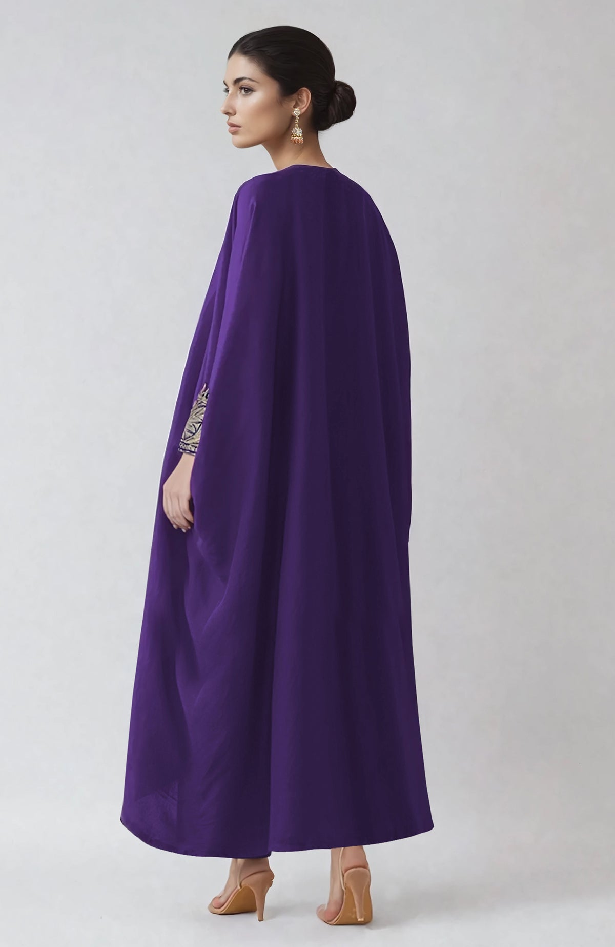 Heliotrope kaftan with intricate silver Kashmiri Tilla embroidery on placket and cuffs
