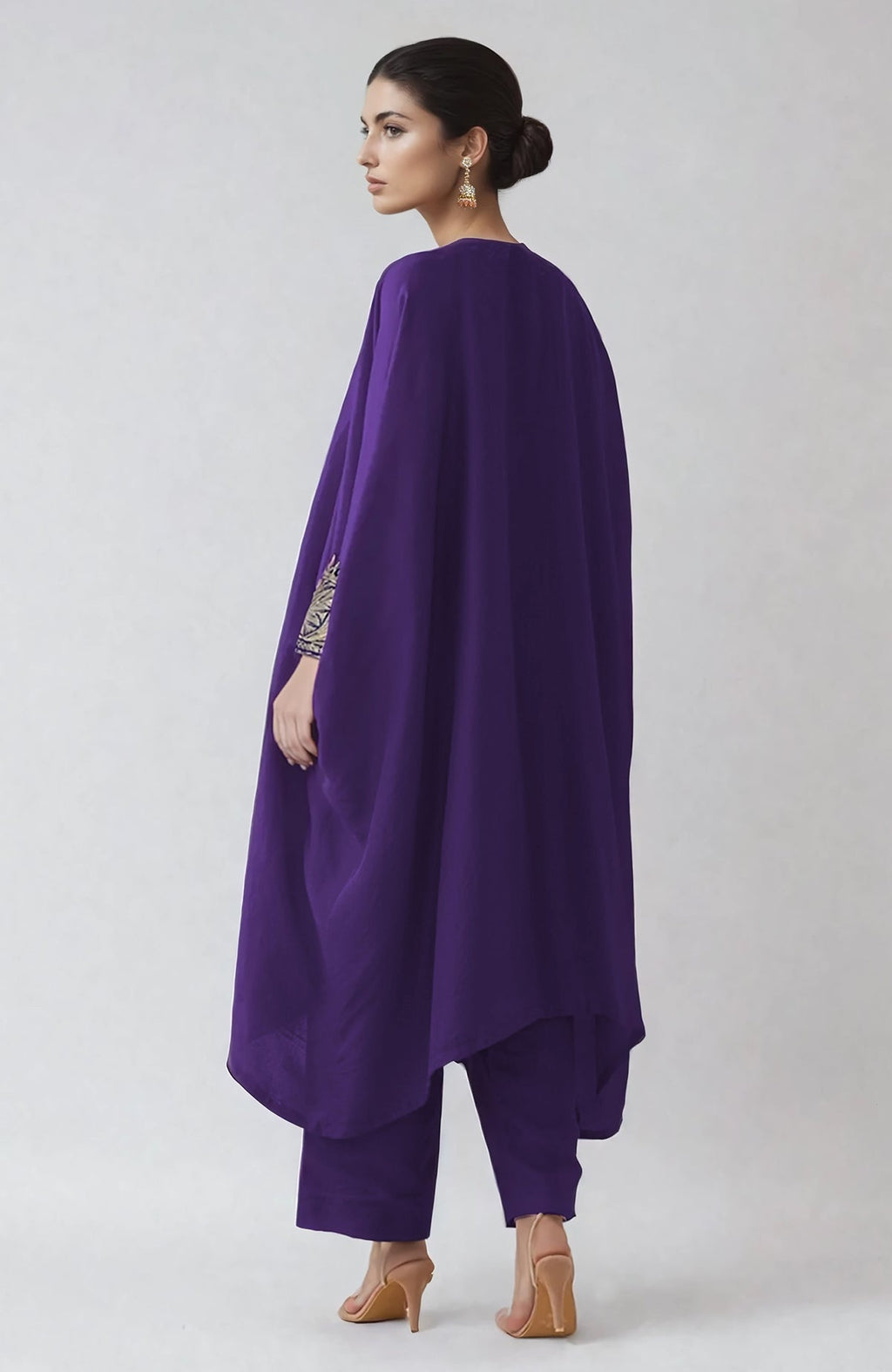 Heliotrope kaftan with silver Kashmiri Tilla embroidery on placket and cuffs, paired with straight pants
