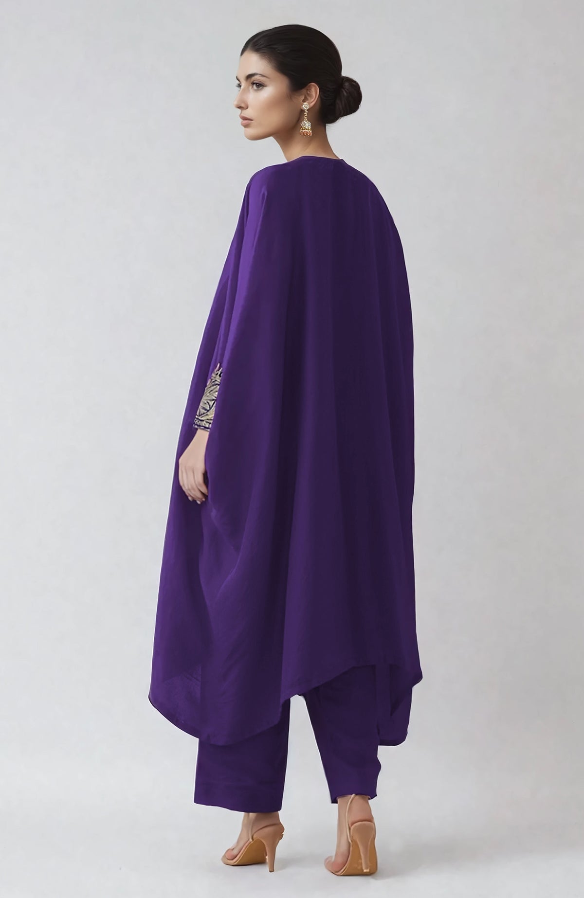 Heliotrope kaftan with silver Kashmiri Tilla embroidery on placket and cuffs, paired with straight pants