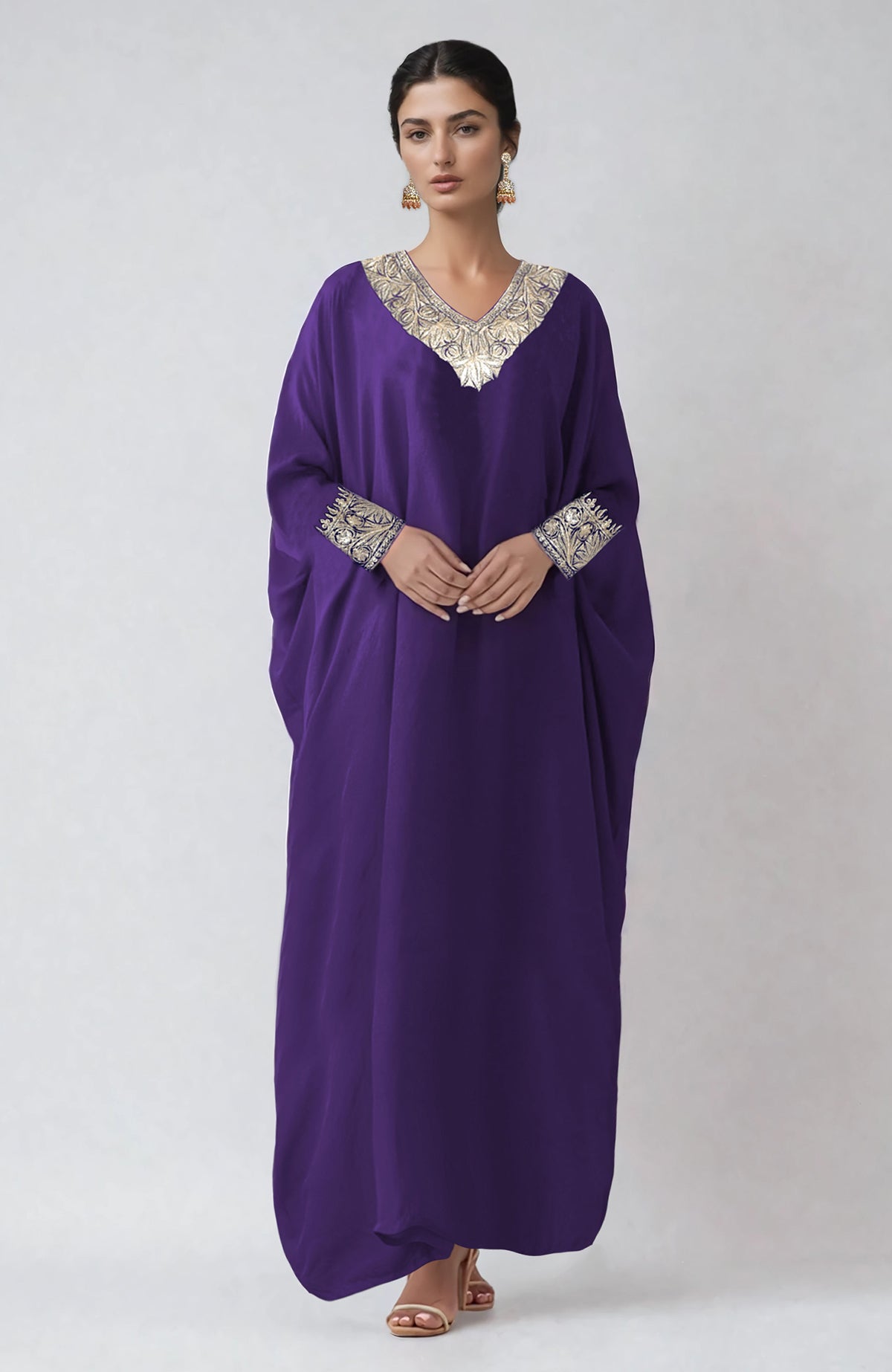 Heliotrope kaftan with intricate Kashmiri silver Tilla embroidery on placket and cuffs