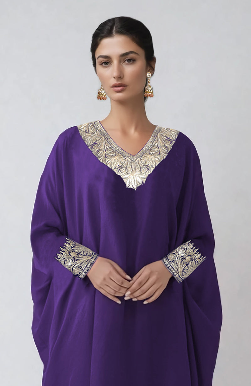 Heliotrope kaftan with intricate silver Kashmiri Tilla embroidery on placket and cuffs