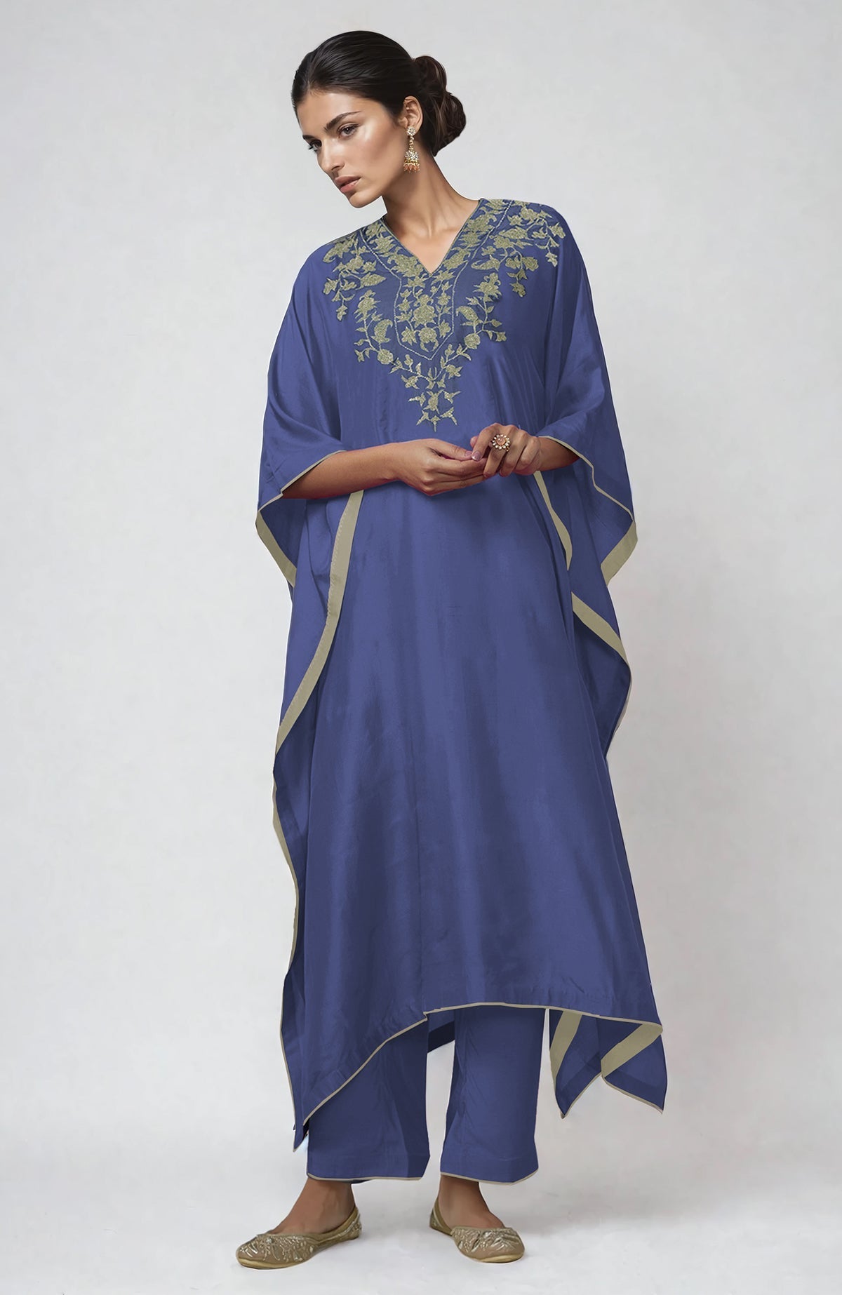 Iris blue kaftan with intricate silver Kashmiri Tilla embroidery and matching straight pants