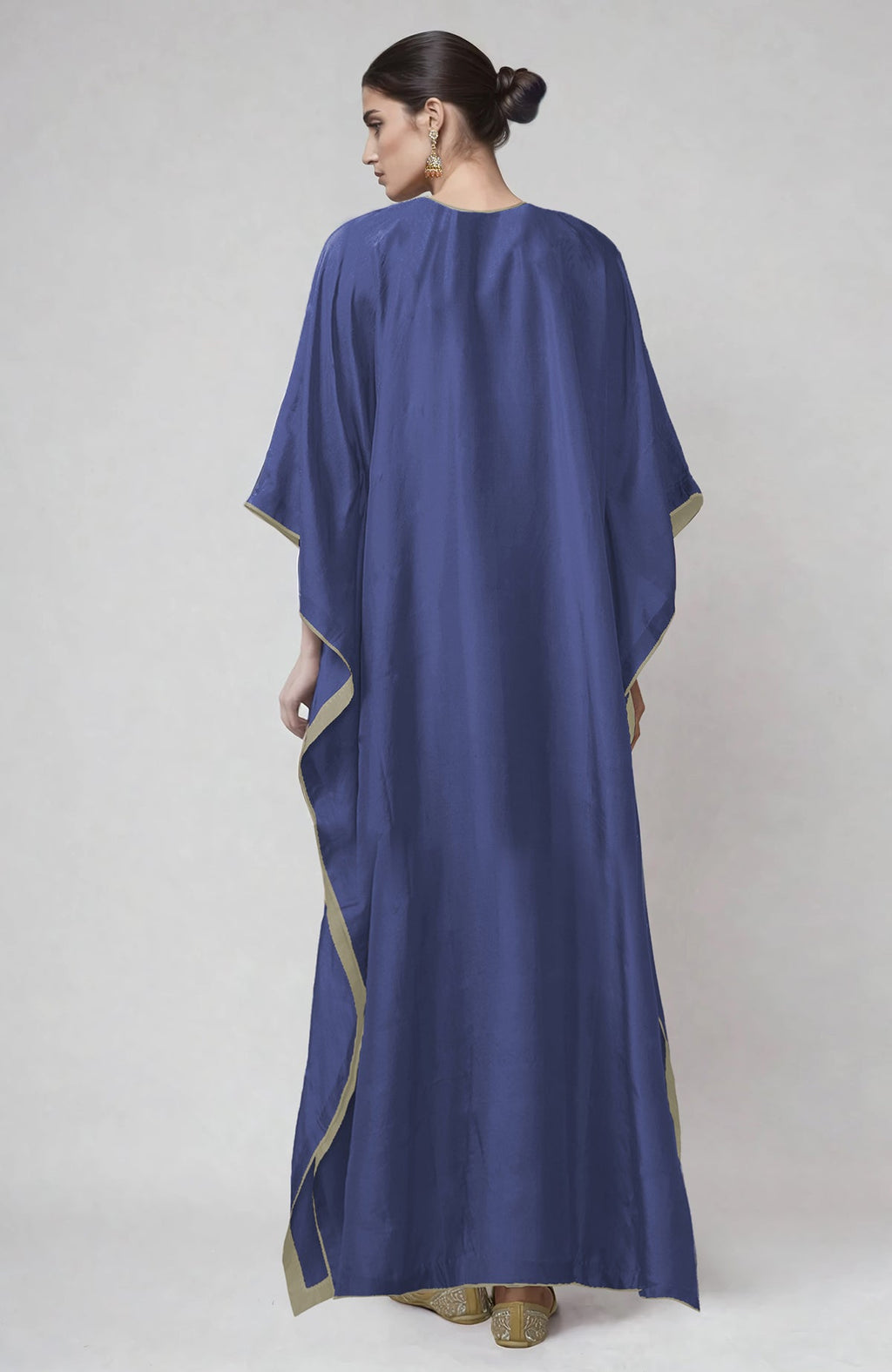 Iris blue kaftan with intricate silver Kashmiri Tilla embroidery along the placket