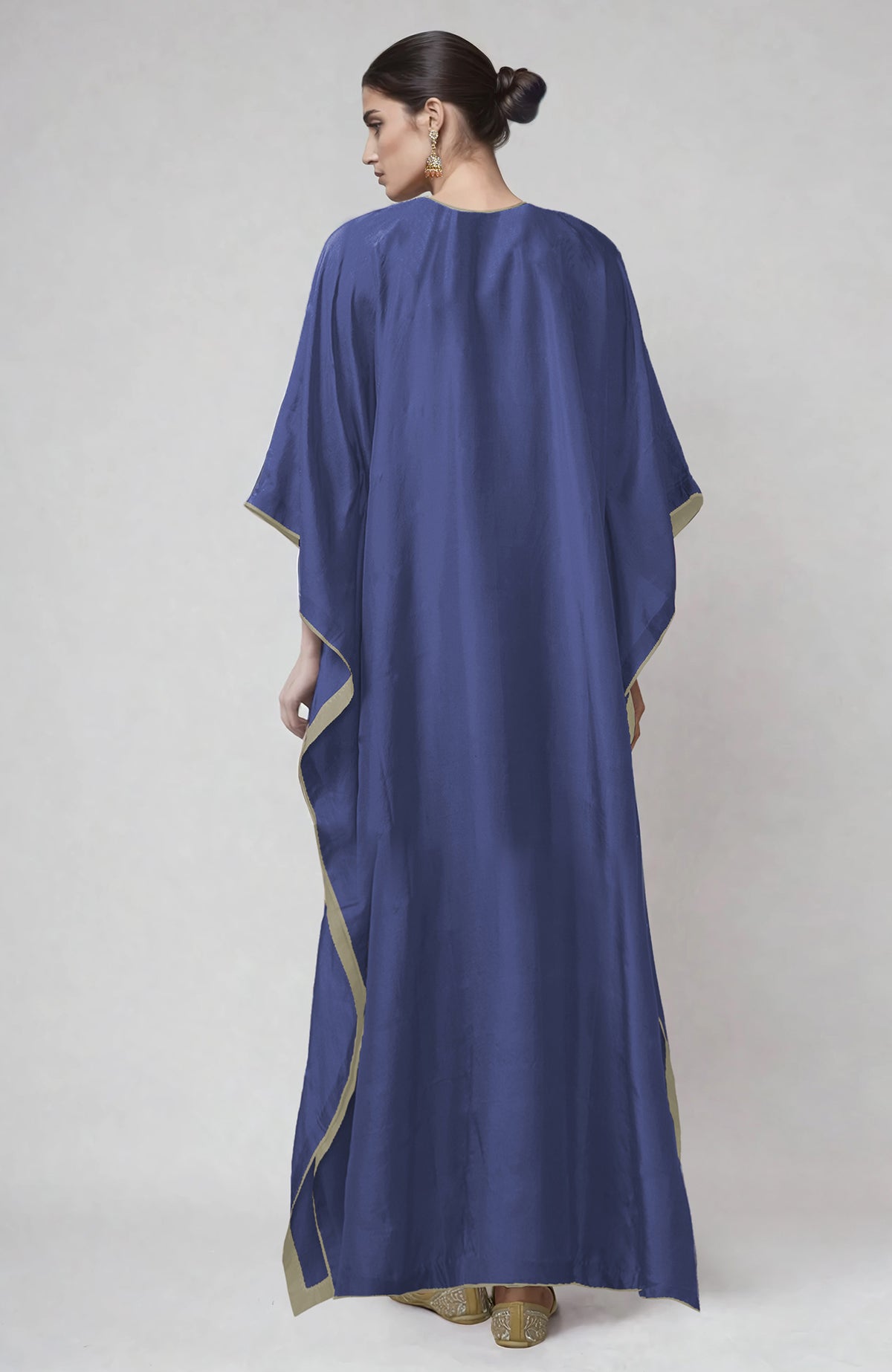 Iris blue kaftan with intricate silver Kashmiri Tilla embroidery along the placket