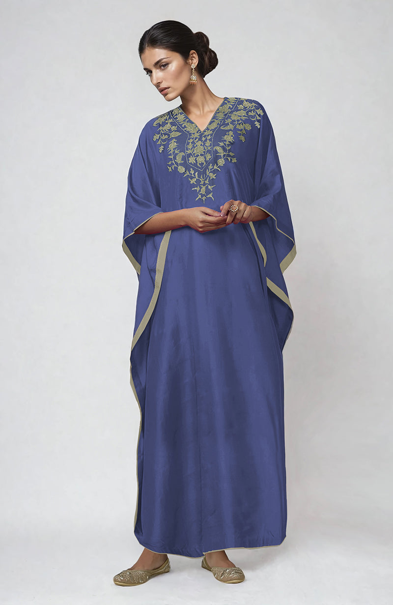 Iris blue kaftan with intricate silver Kashmiri Tilla embroidery along the front placket