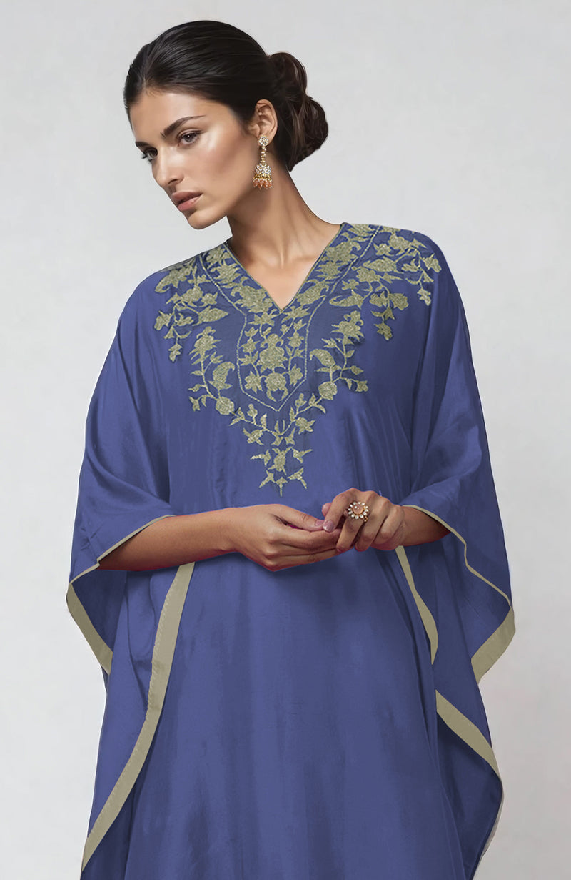 Iris blue kaftan with intricate silver Kashmiri Tilla embroidery on the placket