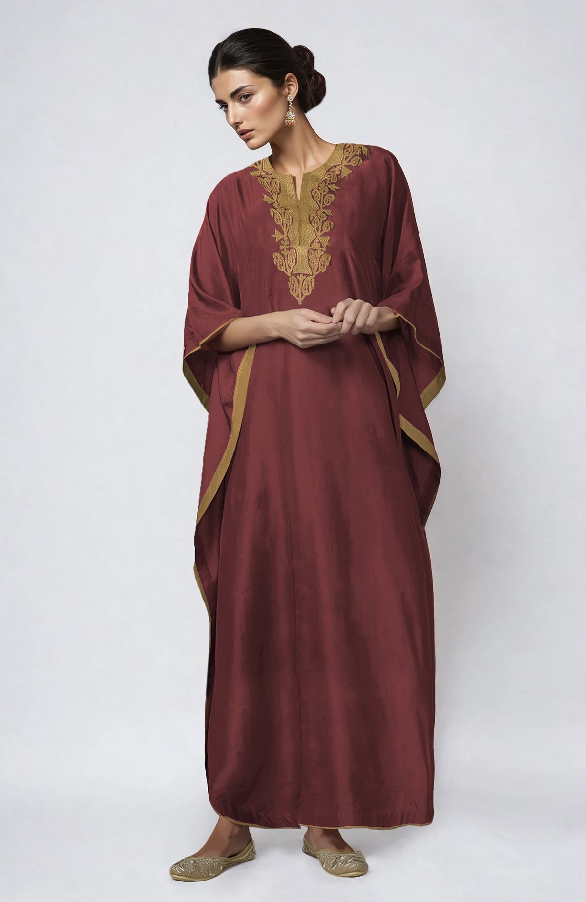 Chutney kaftan with intricate Kashmiri gold Tilla embroidery on placket and cuffs