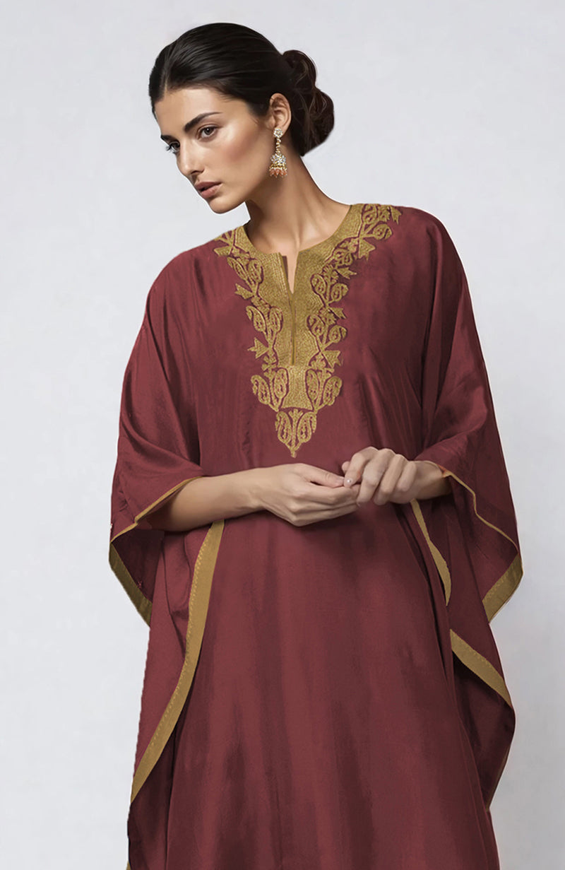 Chutney kaftan with intricate Kashmiri gold Tilla embroidery on placket and cuffs