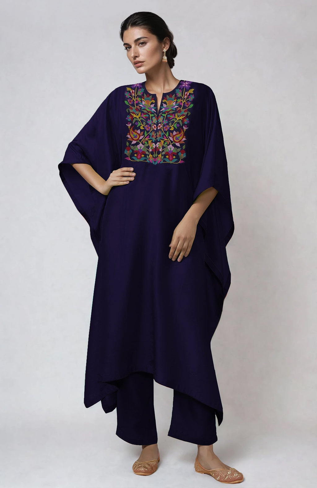 Eclipse blue kaftan set with intricate Kani art embroidery on placket and cuffs, paired with straight pants