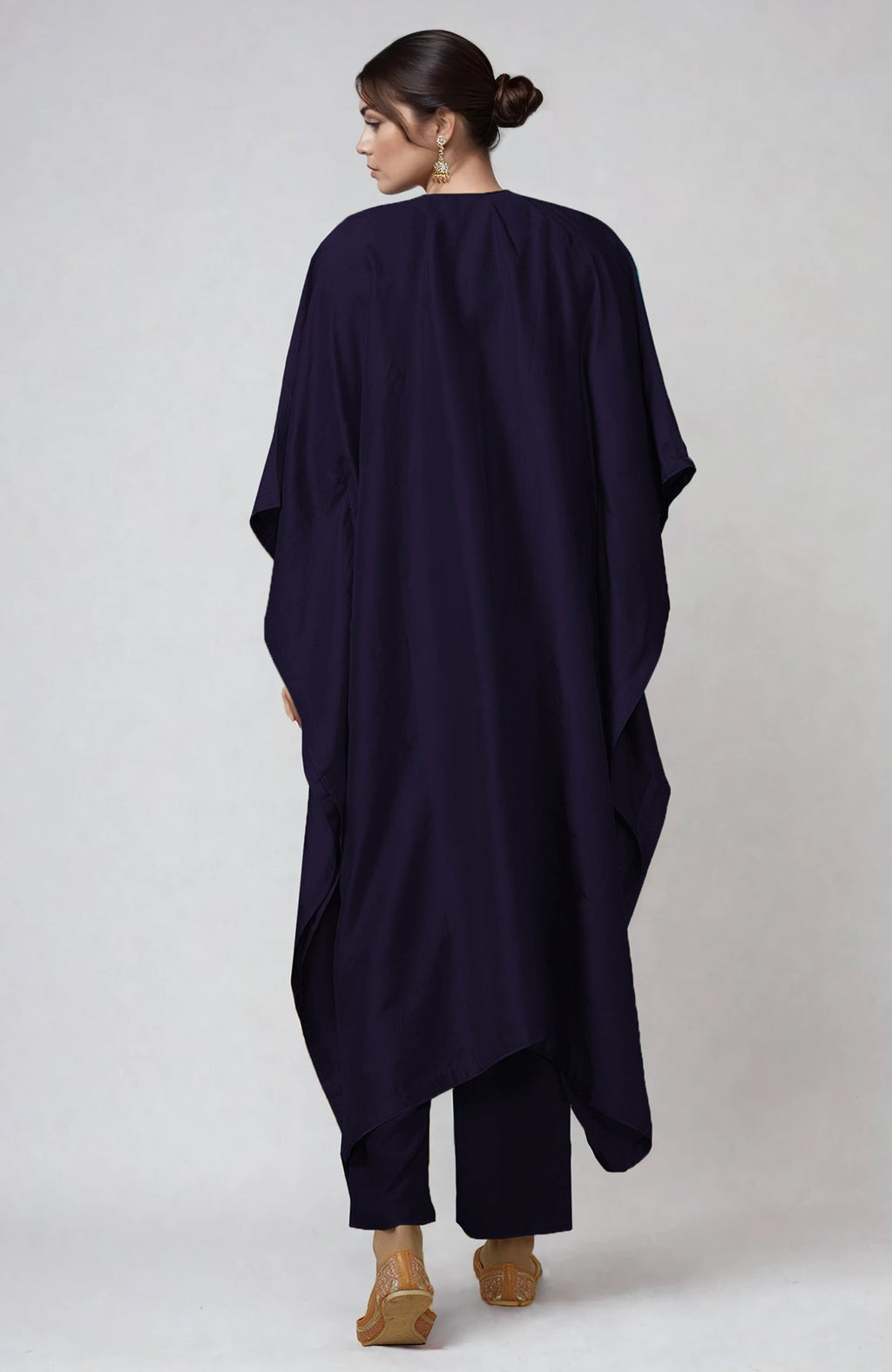 Eclipse blue kaftan set with intricate Kani art embroidery on placket and cuffs, paired with straight pants