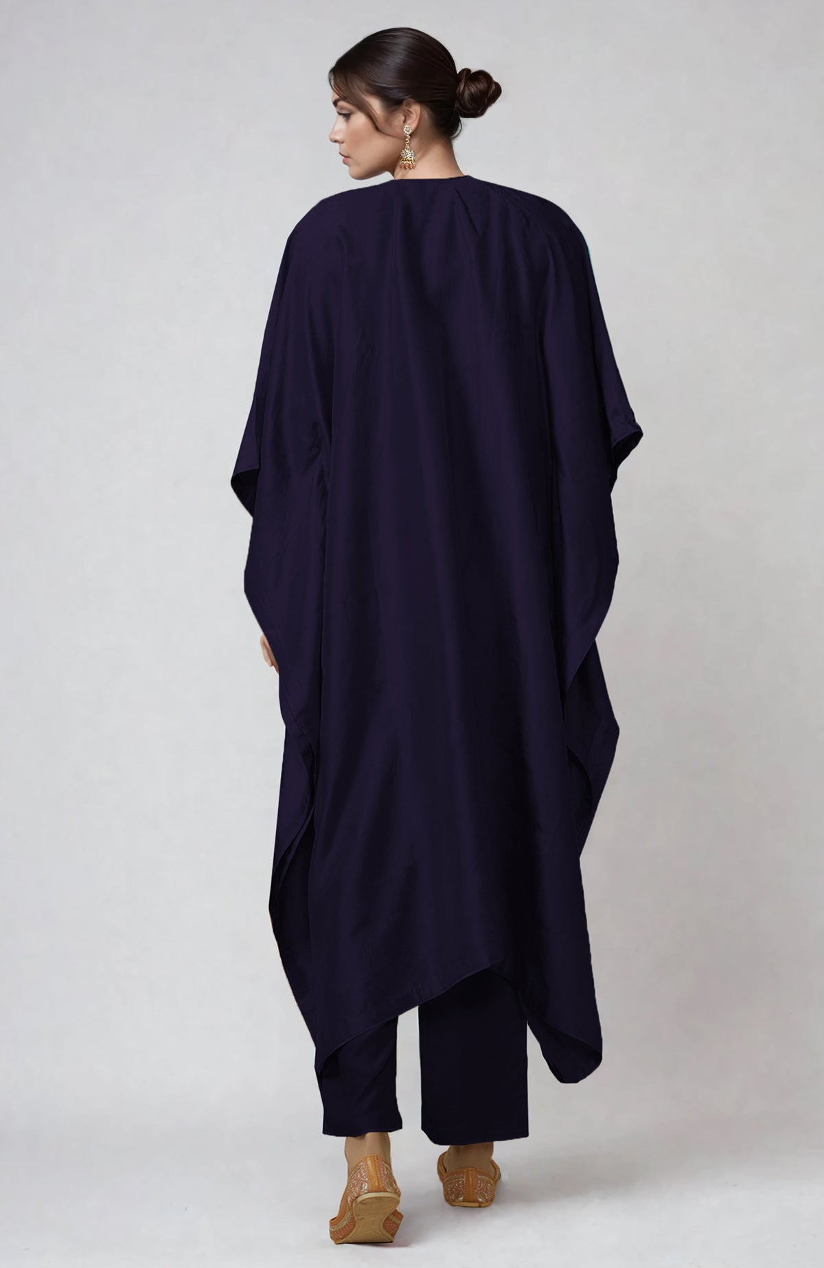 Eclipse blue kaftan set with intricate Kani art embroidery on placket and cuffs, paired with straight pants