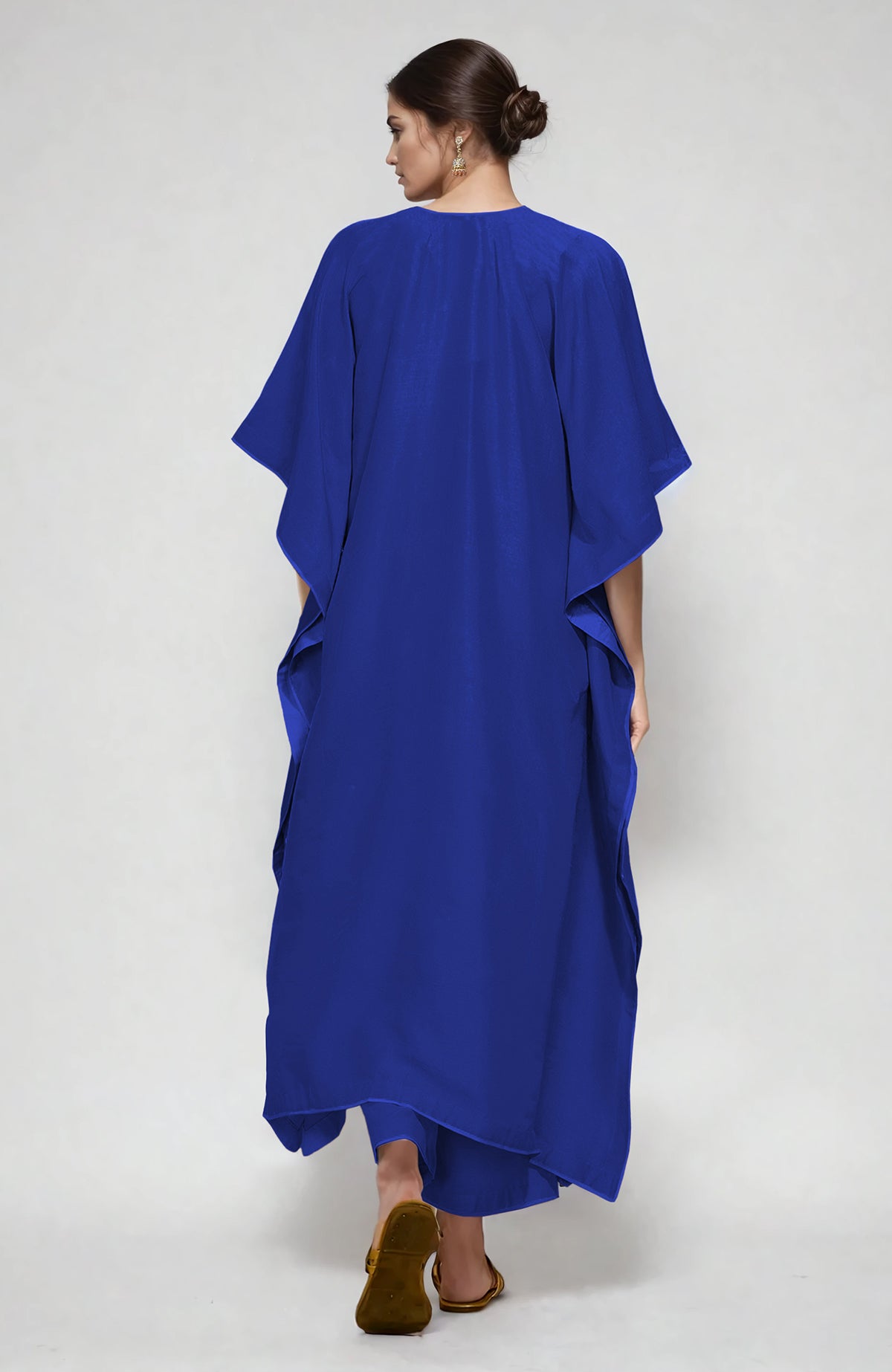 Royal blue kaftan set with intricate Kashmiri tilla embroidery on placket and cuffs paired with straight pants