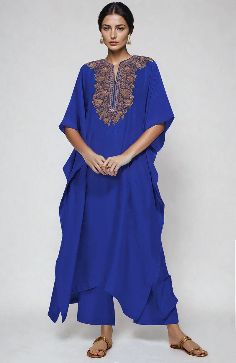 Royal blue kaftan with intricate Kashmiri tilla embroidery on placket and cuffs, paired with straight pants