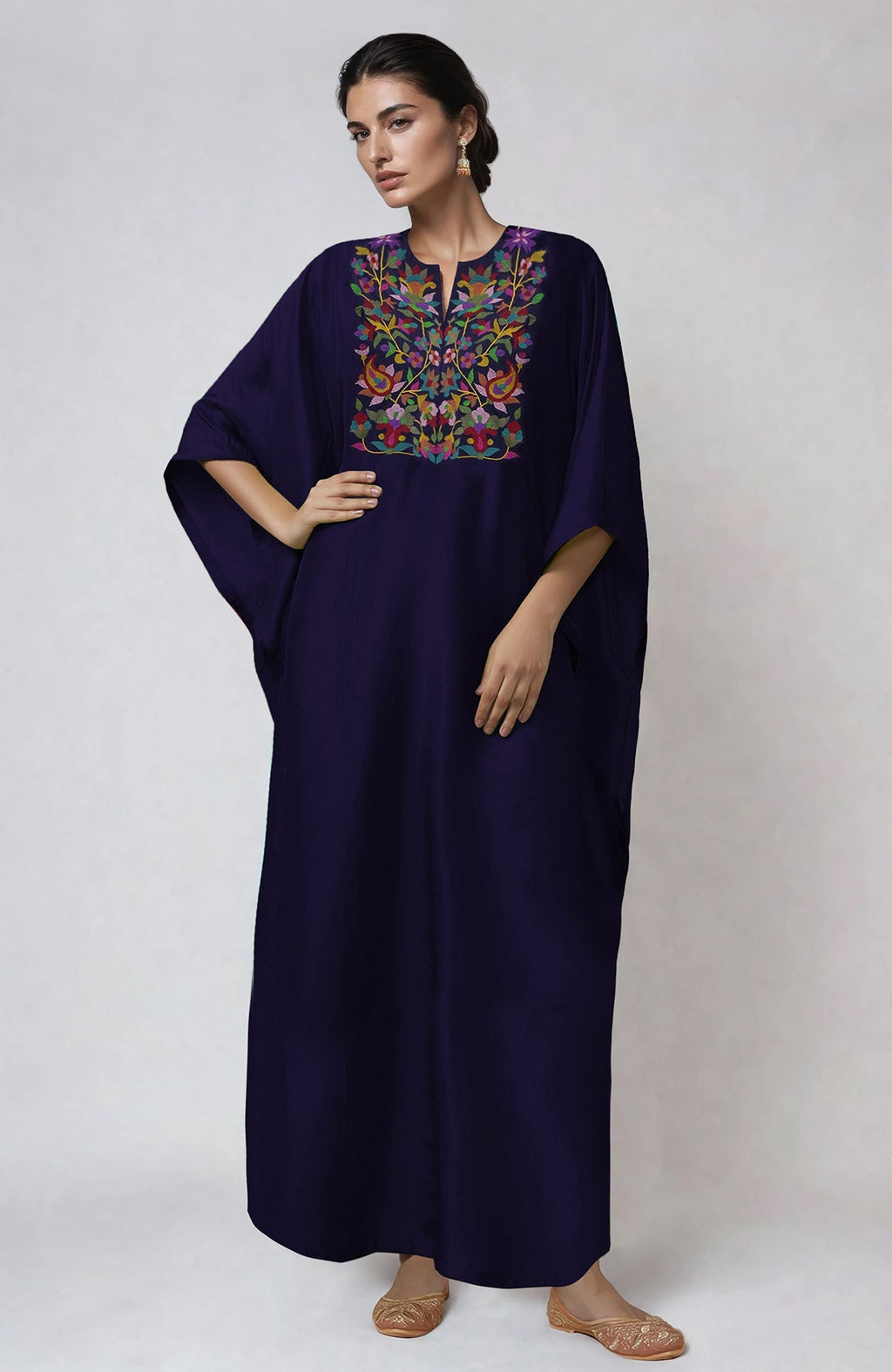 Eclipse blue kaftan with intricate Kashmiri Kani art embroidery on placket and cuffs