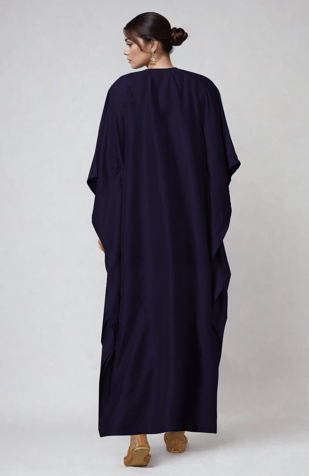 Blue kaftan with intricate Kashmiri Kani art embroidery on placket and cuffs.