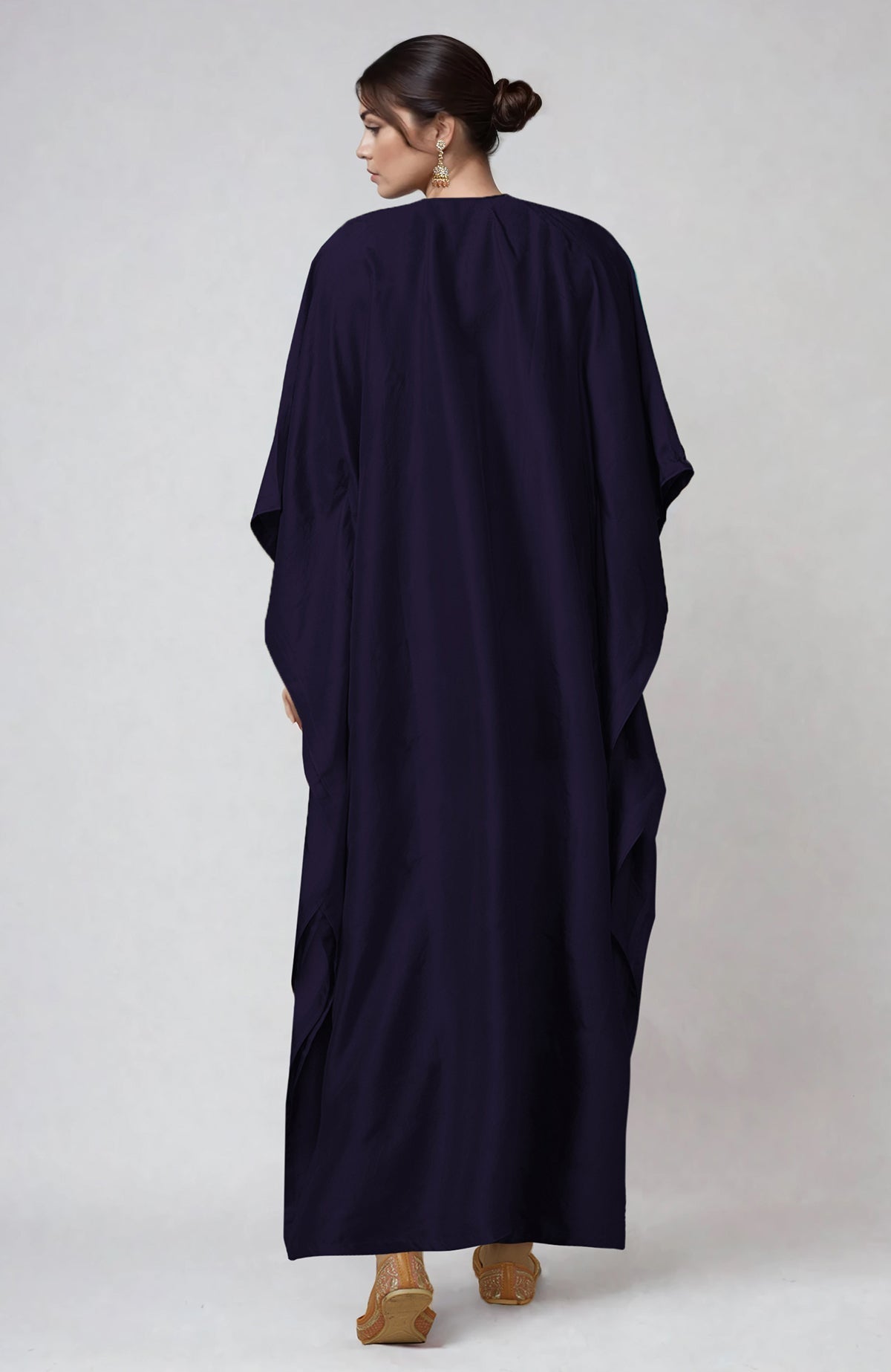 Blue kaftan with intricate Kashmiri Kani art embroidery on placket and cuffs.