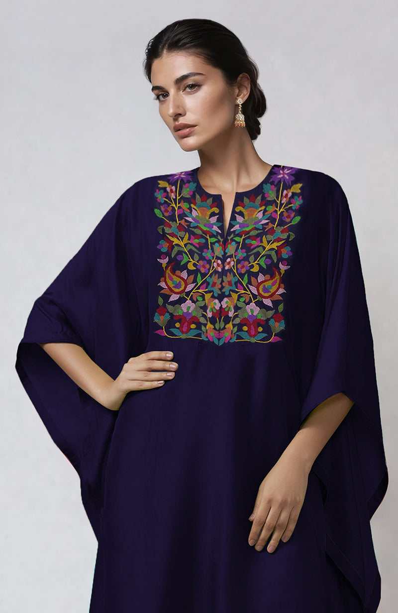 Blue kaftan with intricate Kani art embroidery on placket and cuffs, paired with straight pants.