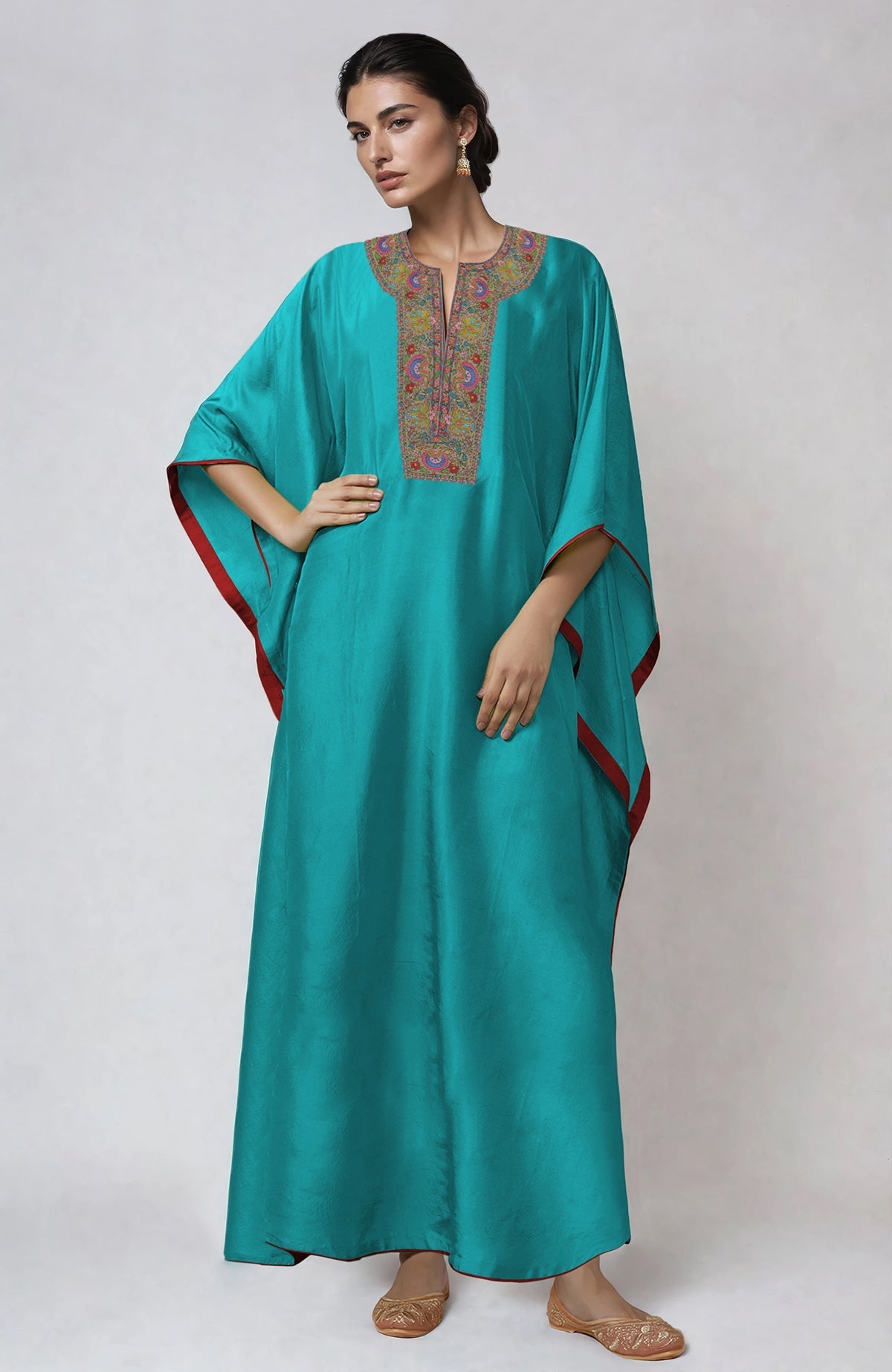 Viridian green kaftan with intricate Kashmiri Kashidakari embroidery on placket and cuffs