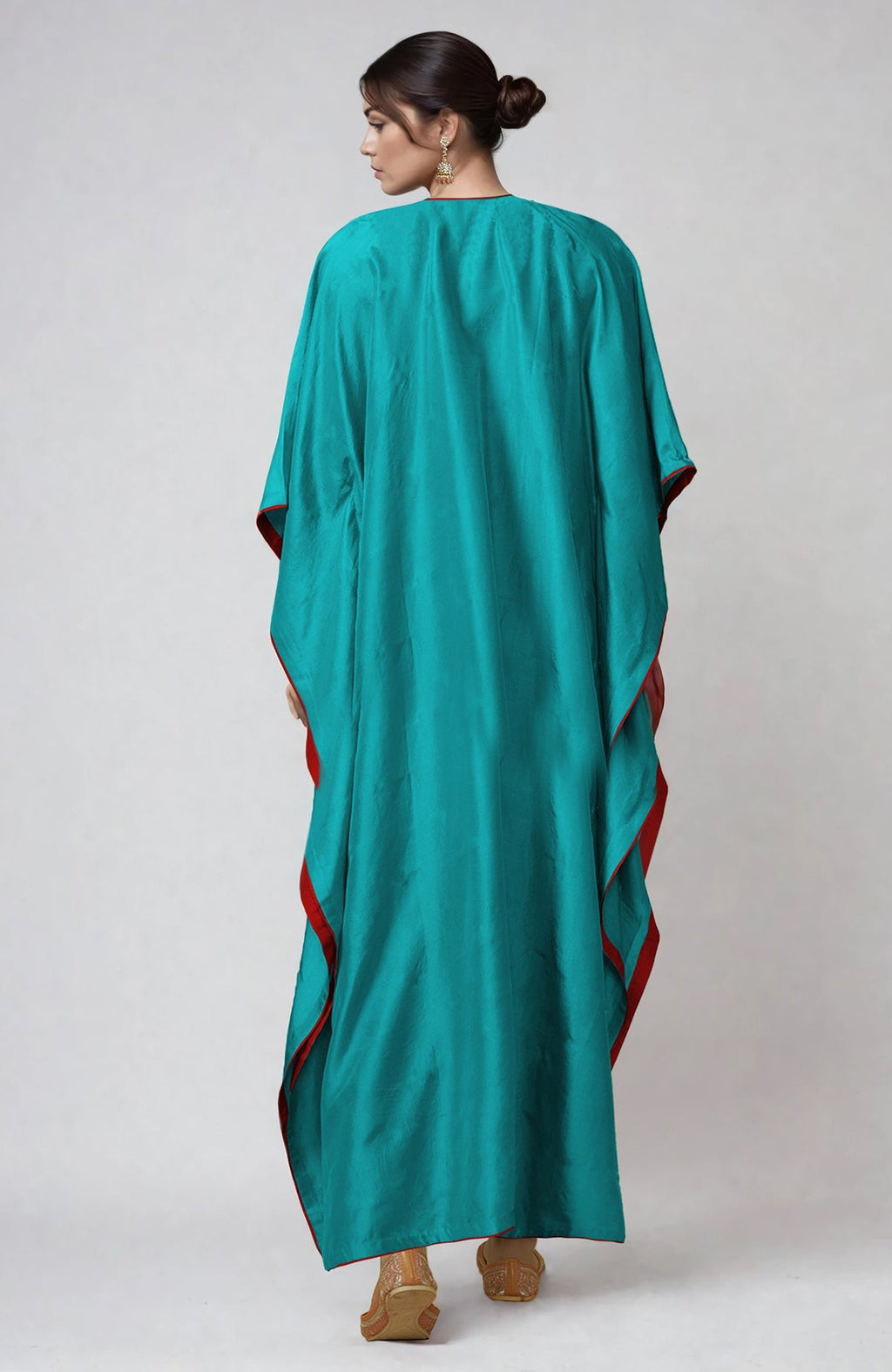 Viridian green kaftan with intricate Kashmiri kashidakari embroidery on placket and cuffs