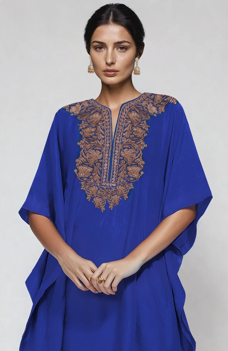 Royal blue kaftan with intricate Kashmiri tilla embroidery on placket and cuffs.