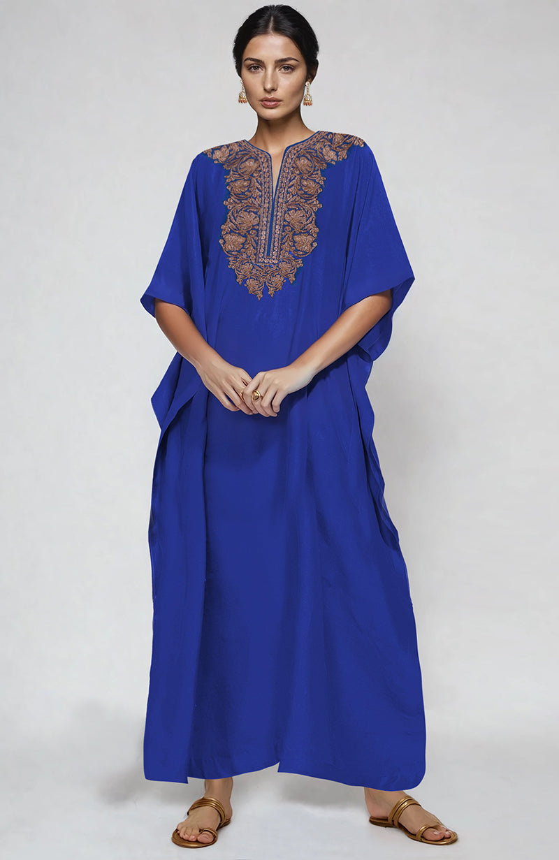 Royal blue kaftan with intricate Kashmiri tilla embroidery on placket and cuffs.