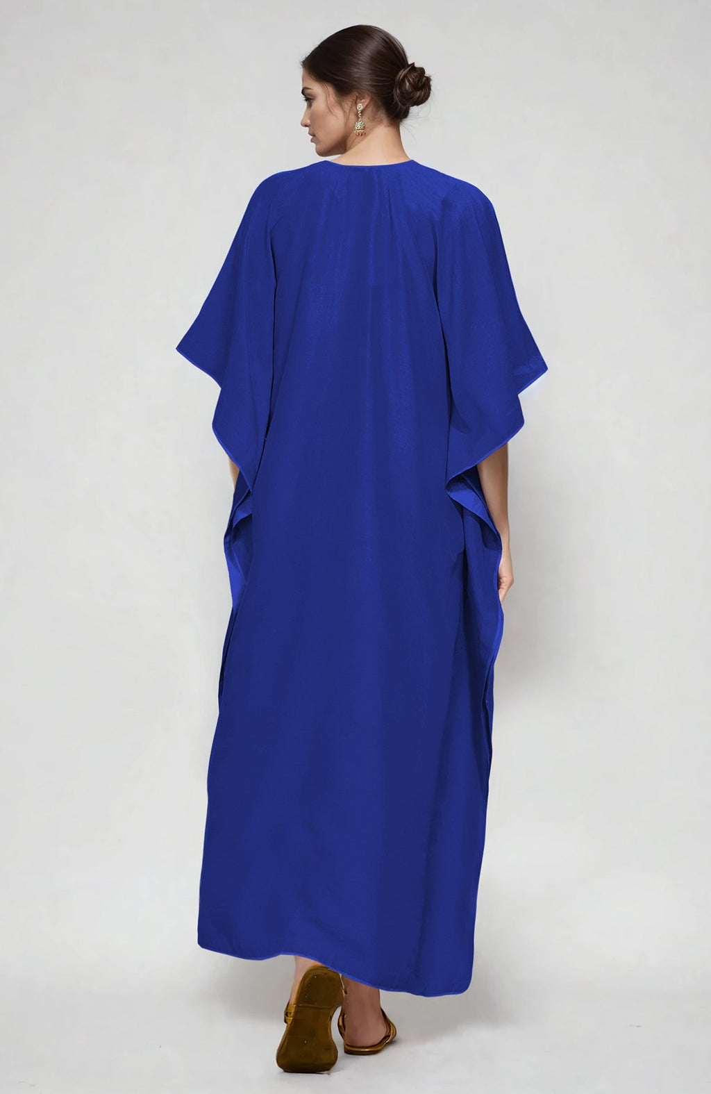 Royal blue kaftan with intricate Kashmiri tilla embroidery on placket and cuffs