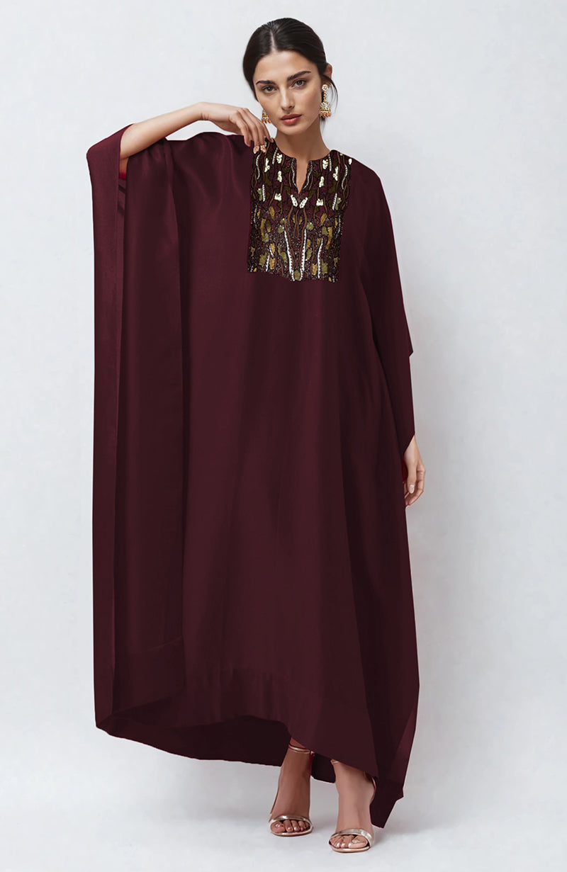 Burgundy kaftan with brown and white resham, bead, and sequin embroidery on front yoke